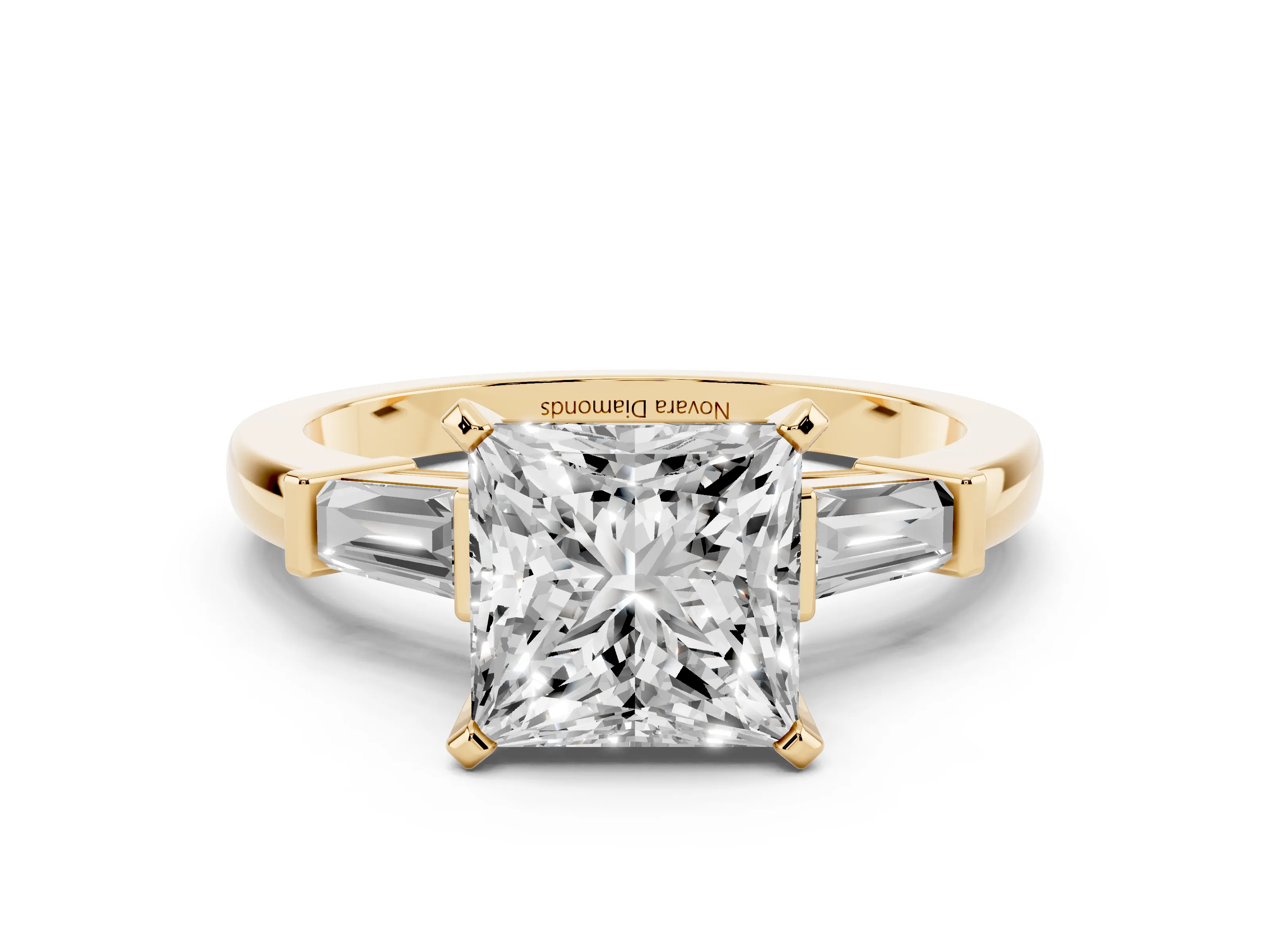 Princess Cut Diamond Solitaire Ring Set in Yellow gold with Tapered Baguette Accents and Prong Setting