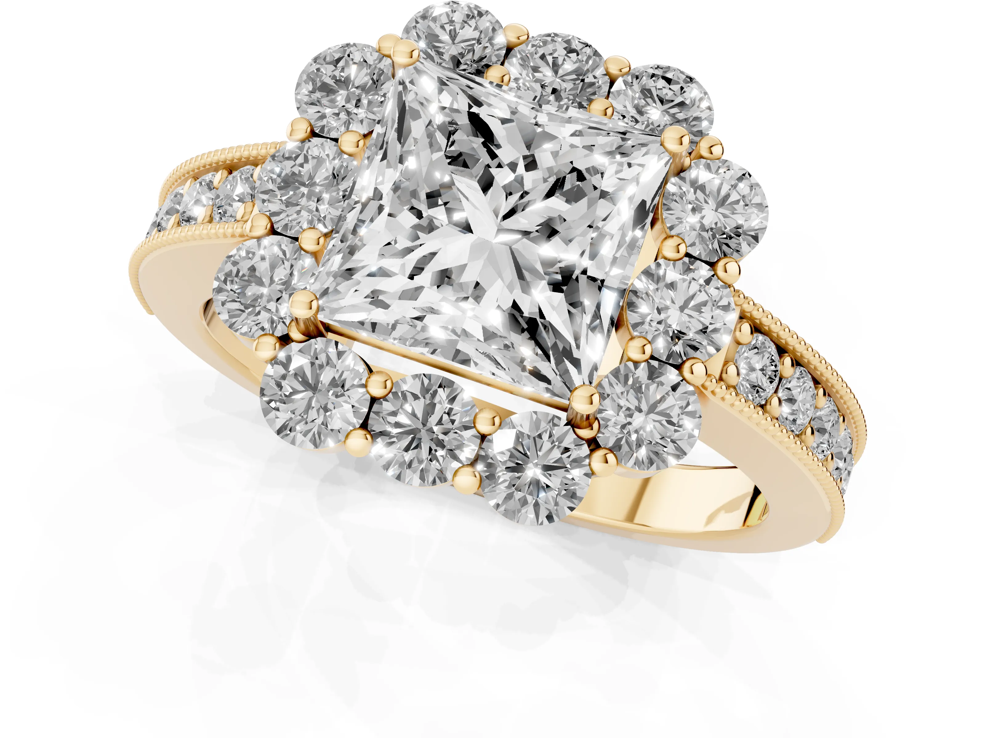 Princess Cut Diamond Halo Pavé Engagement Ring Set in Yellow gold with Milgrain Detailing