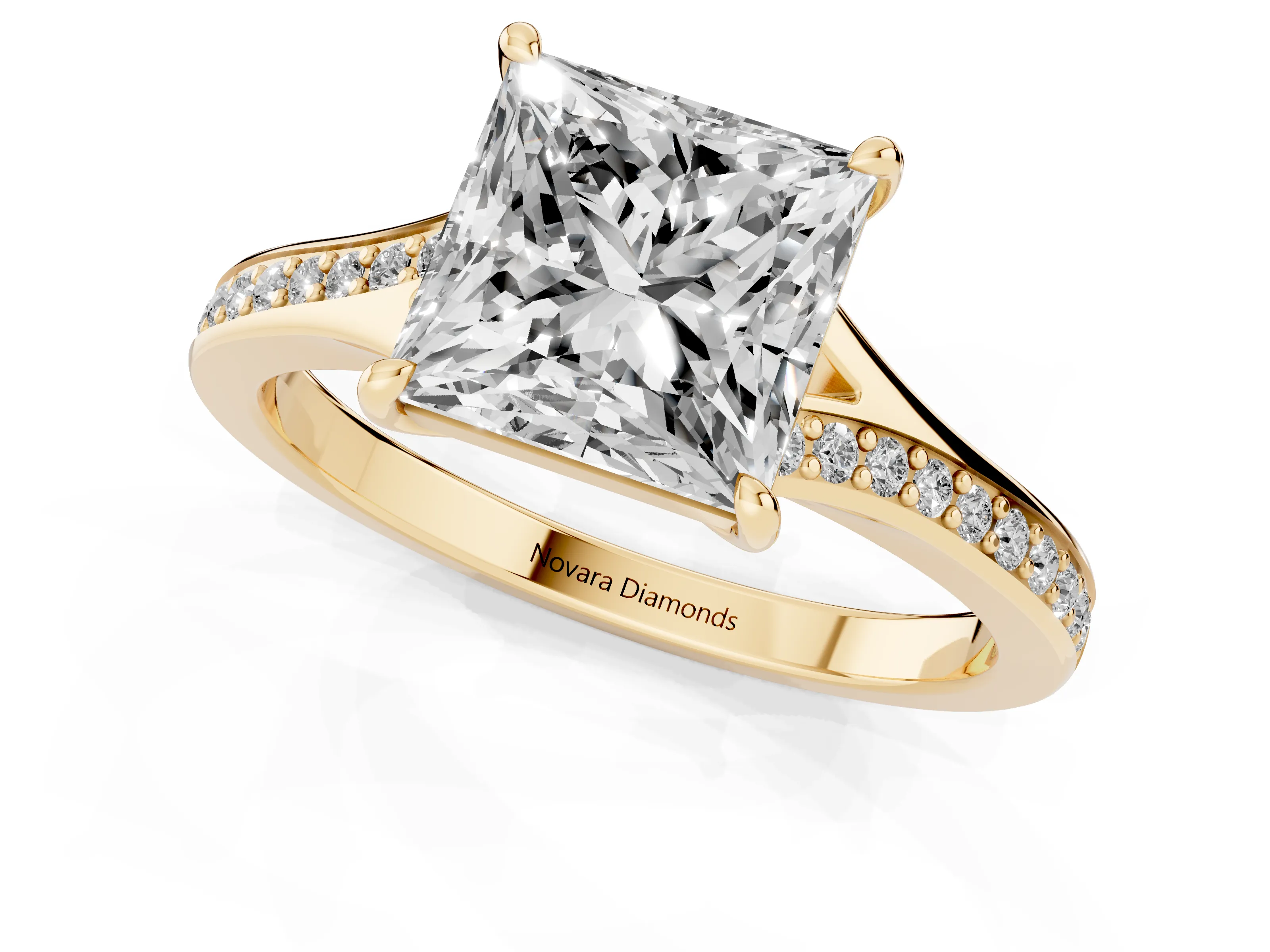 Princess Cut Diamond Solitaire Ring Set in Yellow gold with Pavé Accent Band and Classic Prong Setting