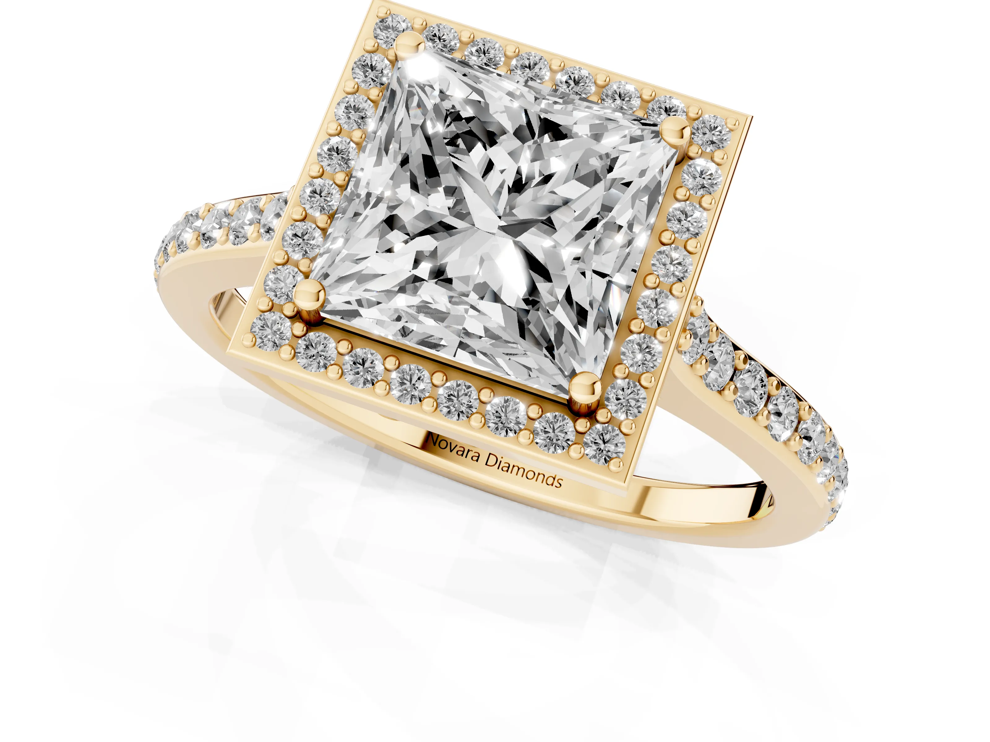Princess Cut Diamond Halo Engagement Ring Set in Yellow gold with Round Pavé Shoulders and Heart Gallery