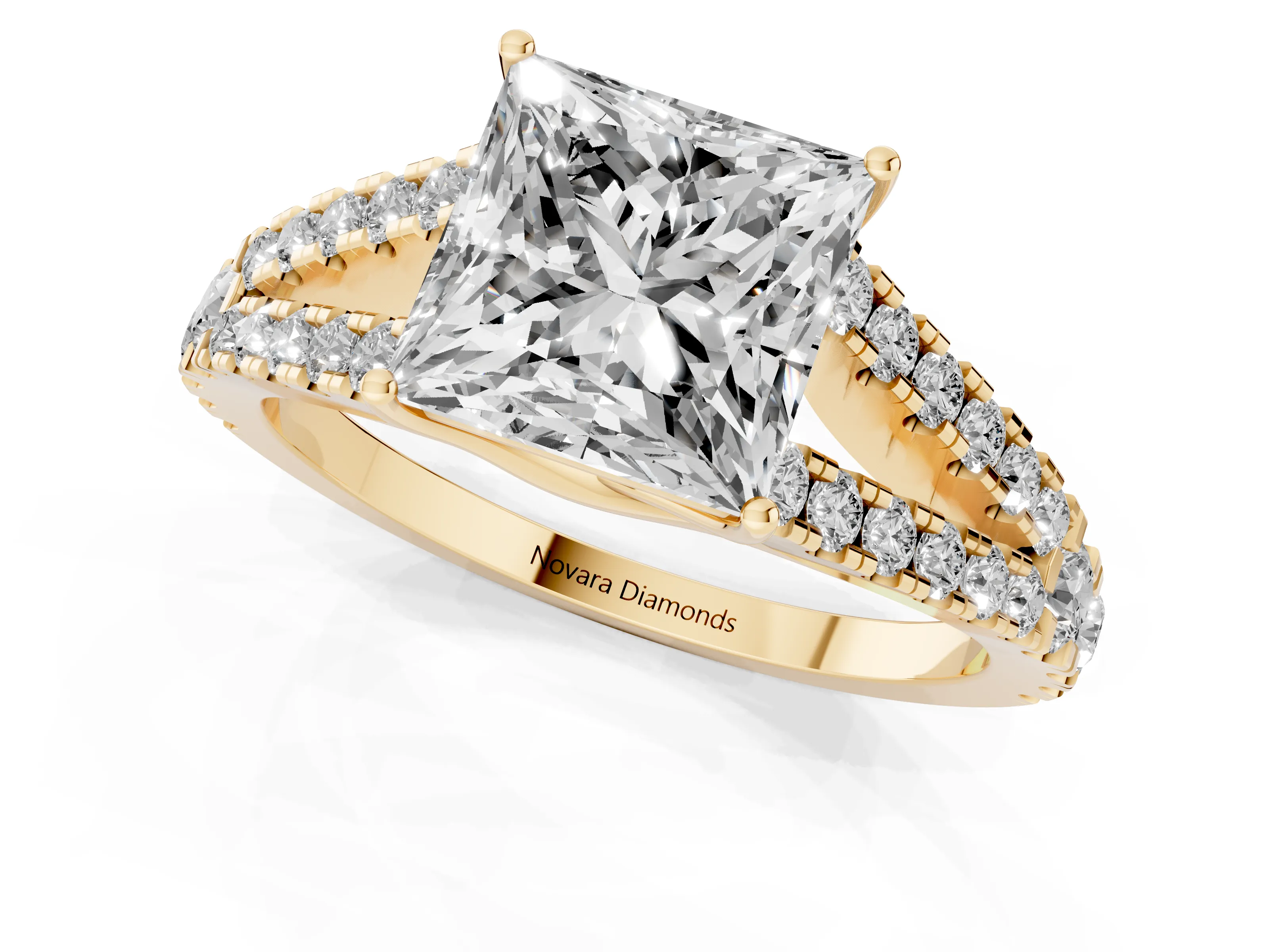 Princess Cut Diamond Split Shank Pavé Engagement Ring Set in Yellow gold with Prong-Held Center Stone