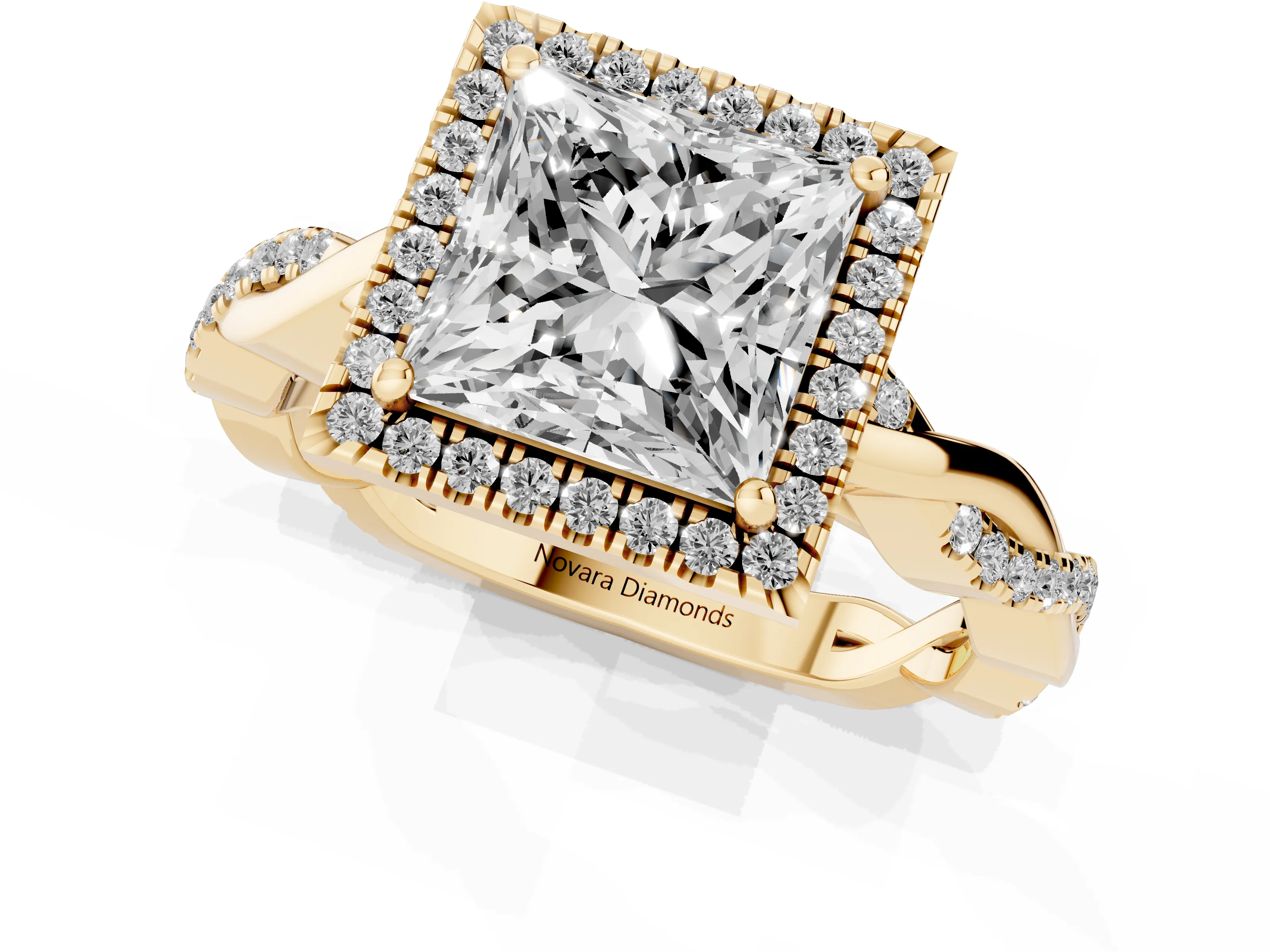 Princess Cut Diamond Halo Twisted Band Ring Set in Yellow gold with Prong Setting