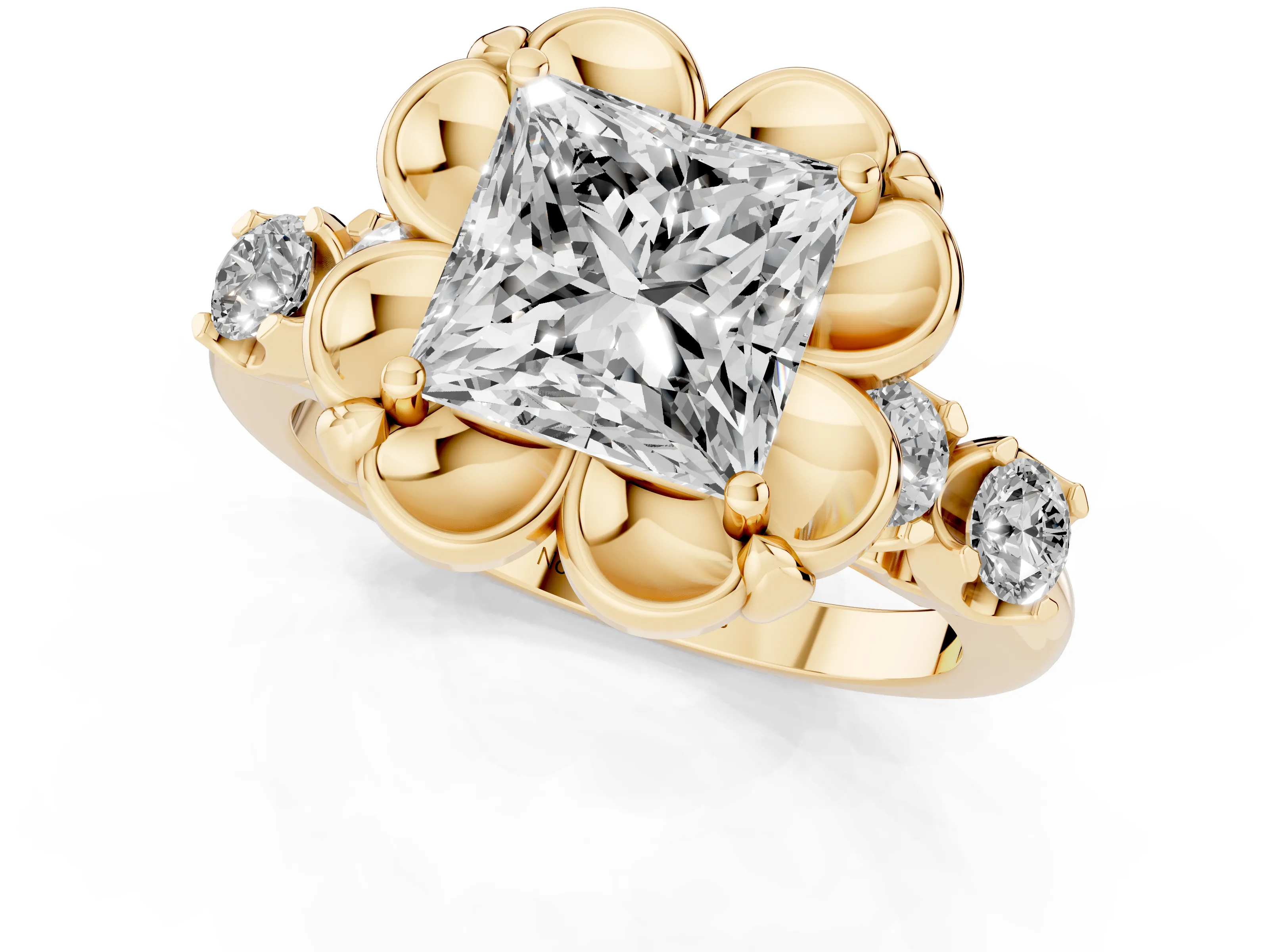 Princess Cut Diamond Floral Halo Ring Set in Yellow gold with Shared Prong Band