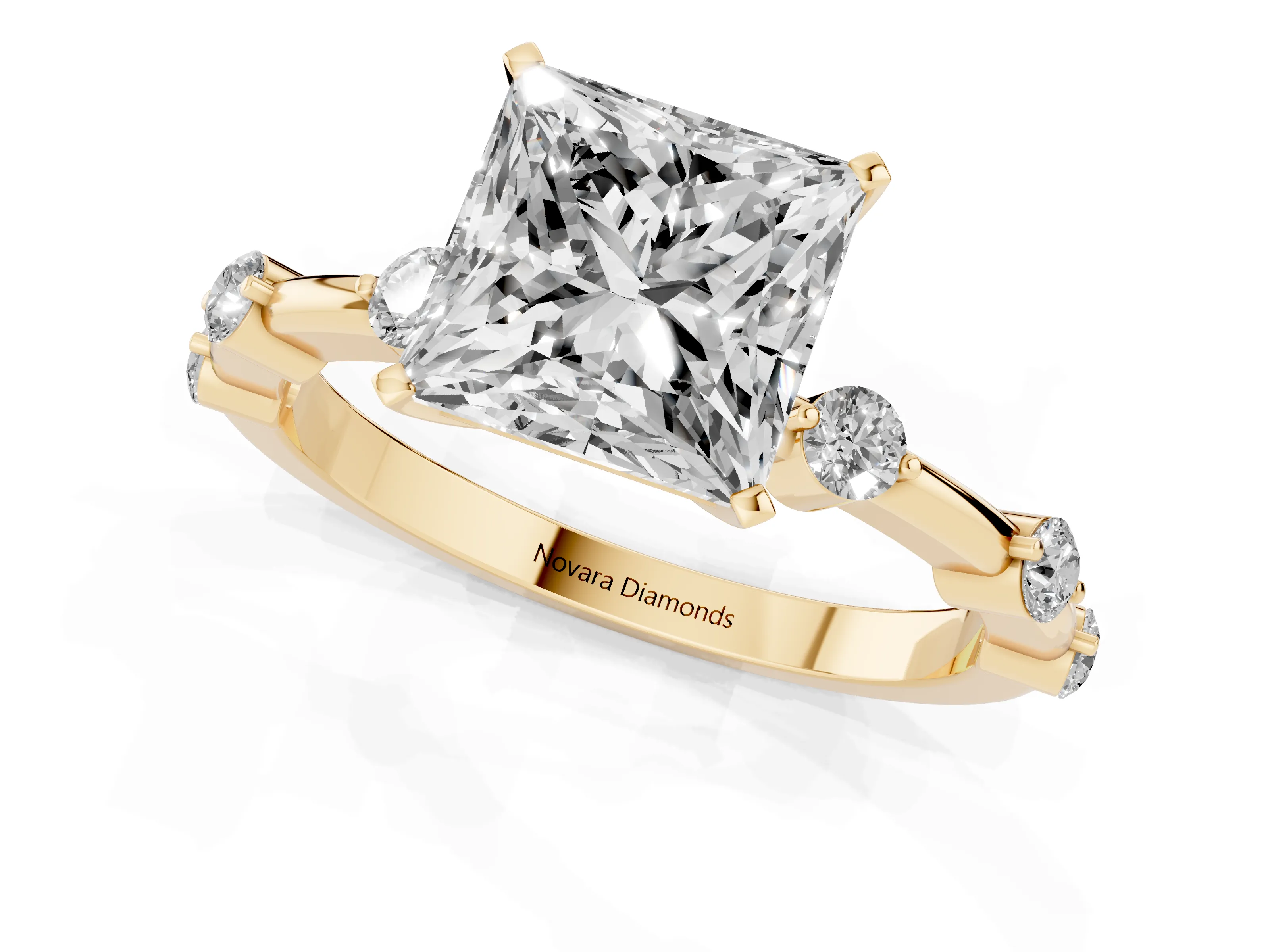 Princess Cut Diamond Solitaire Ring Set in Yellow gold with Bezel Set Side Stones and Prong Setting