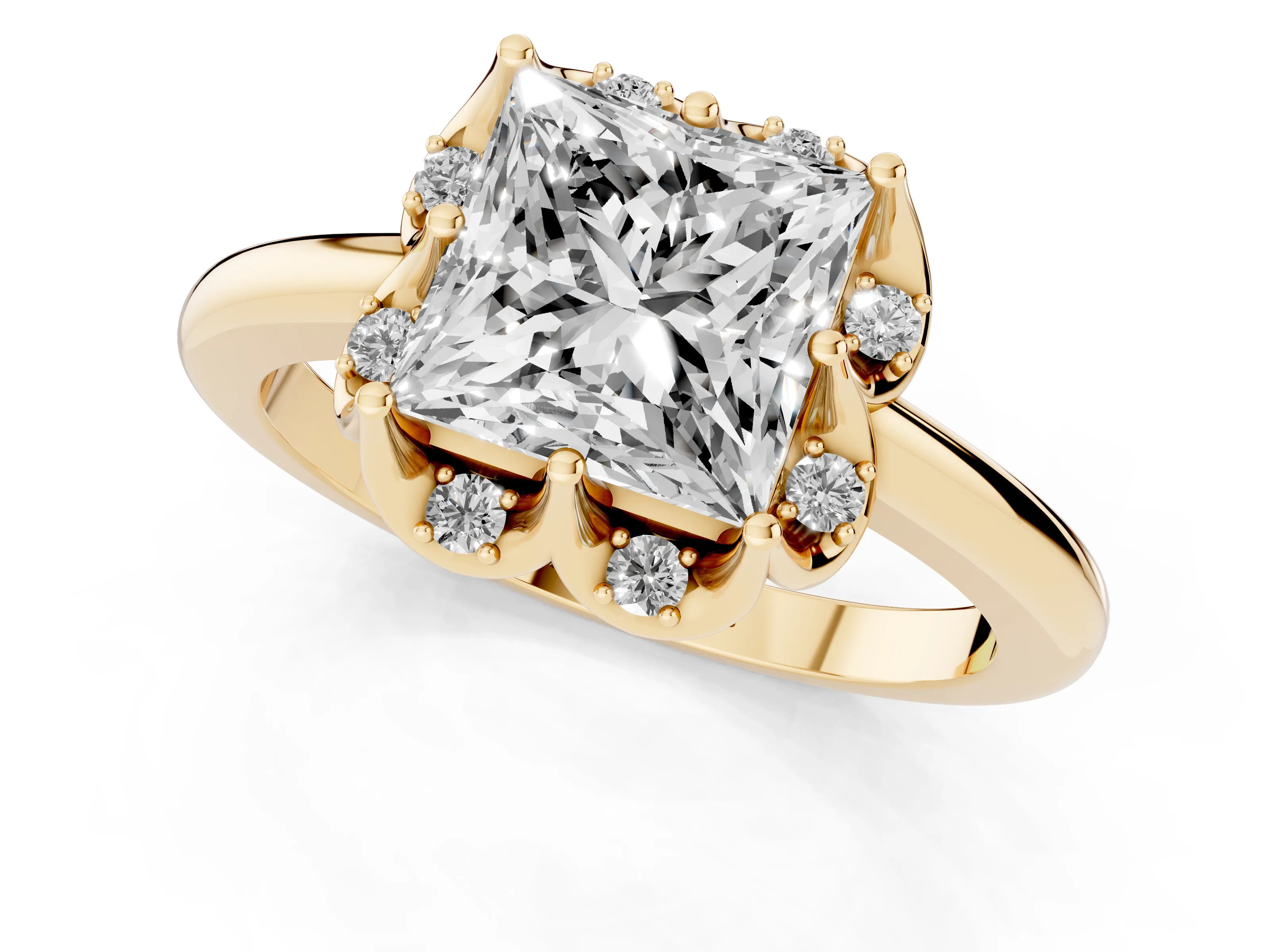 Princess Cut Diamond Round Cluster Halo Ring Set in Yellow gold with Solitaire Band and Prong Setting