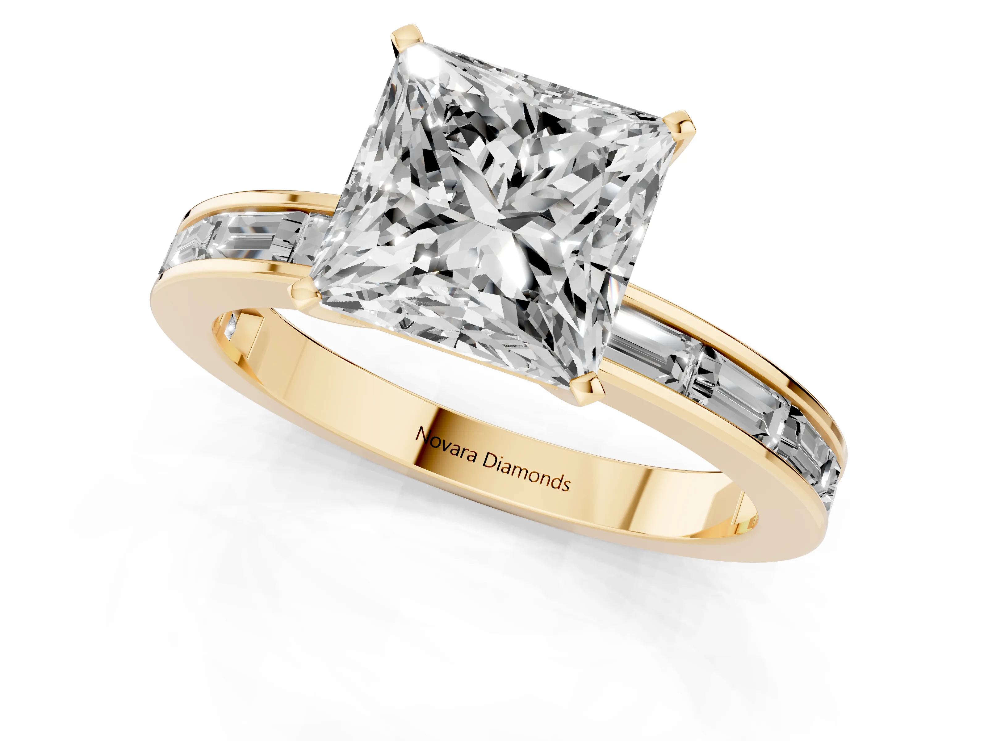 Princess Cut Diamond Solitaire Ring Set in Yellow gold with Channel-Set Baguette Band and Prong Setting