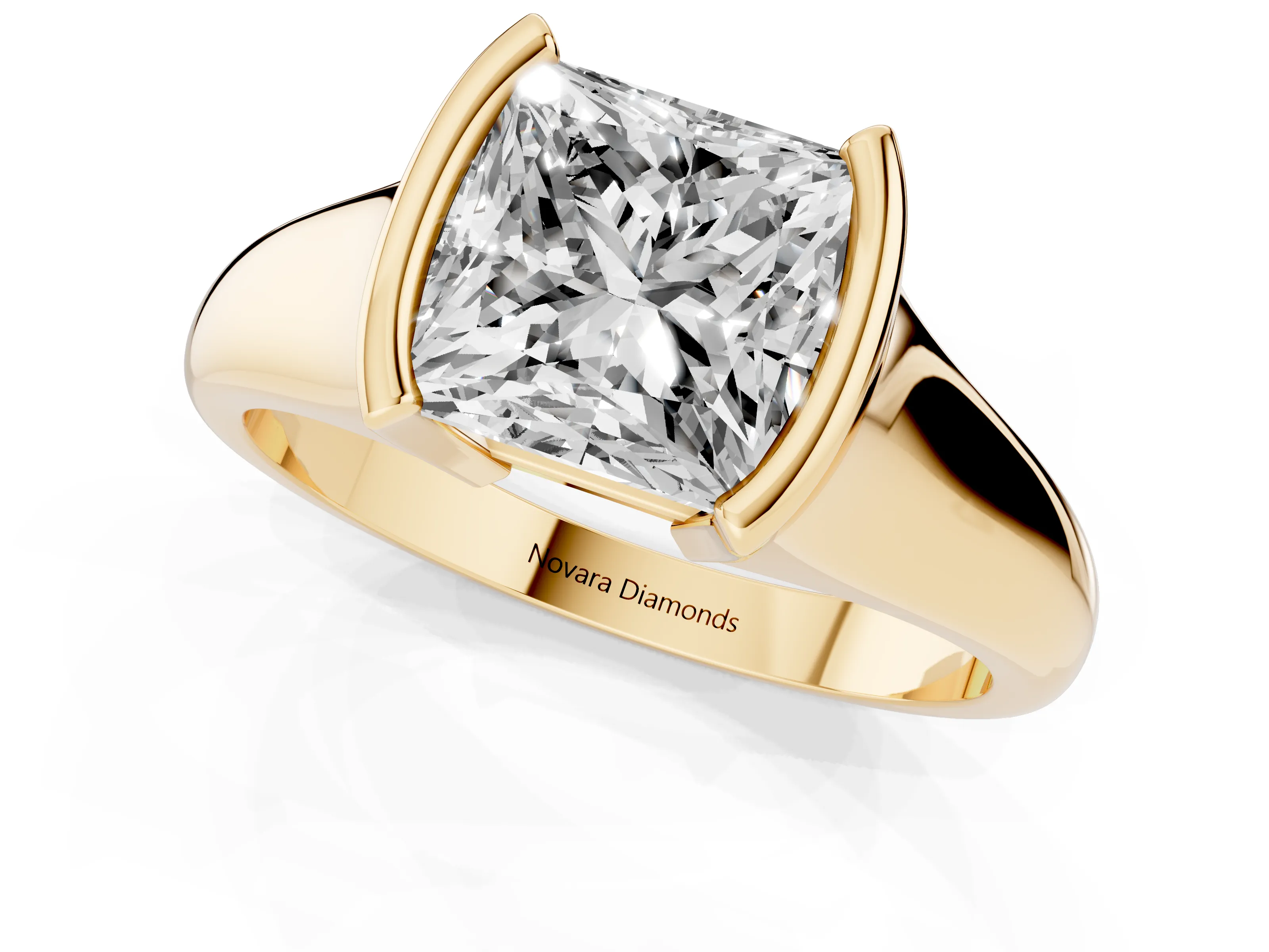 Princess Cut Diamond Solitaire Tension Set Ring Set in Yellow gold with Split Shank Band