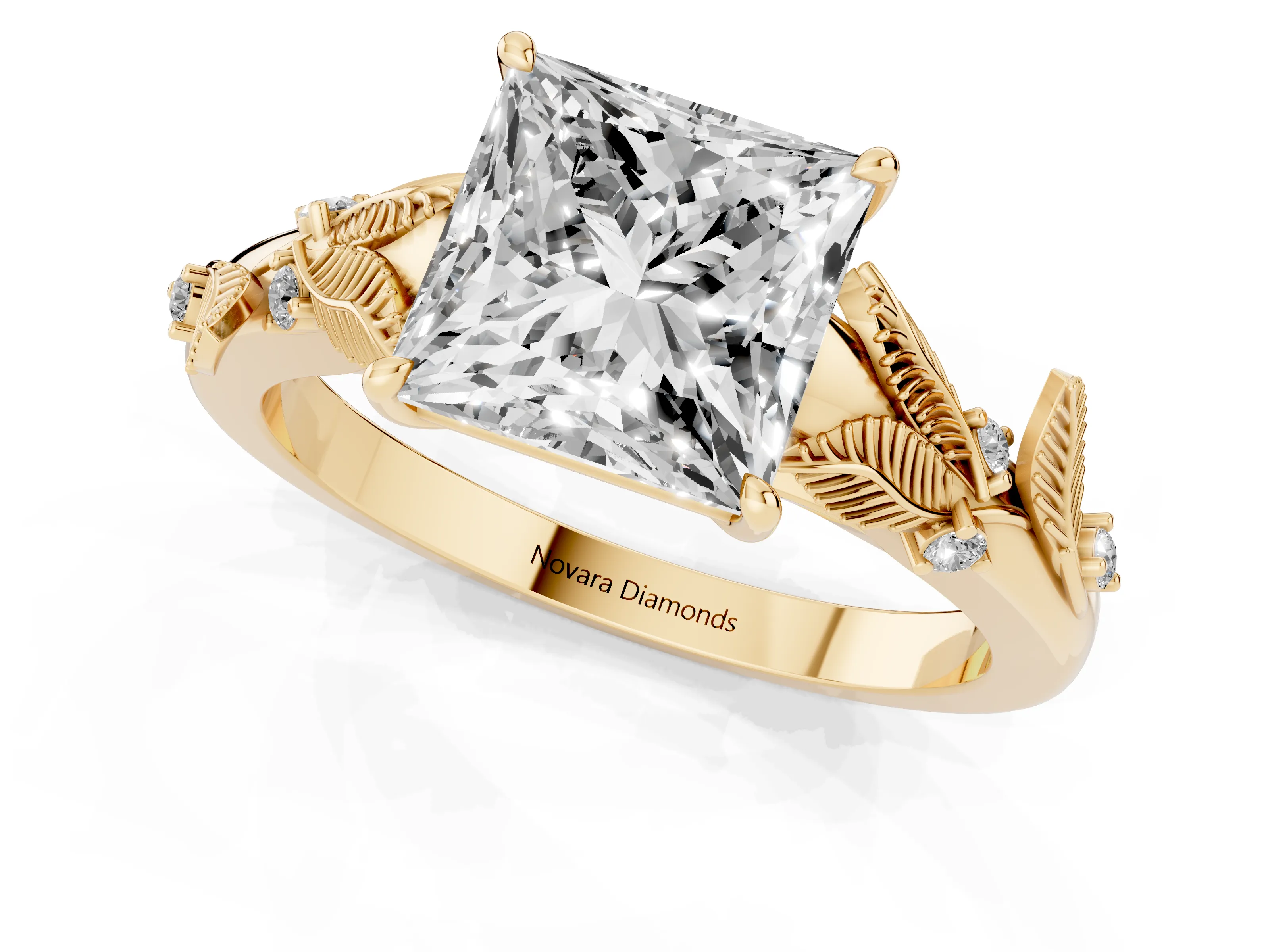 Princess Cut Diamond Solitaire Ring Set in Yellow gold with Leaf Motif Band – second view