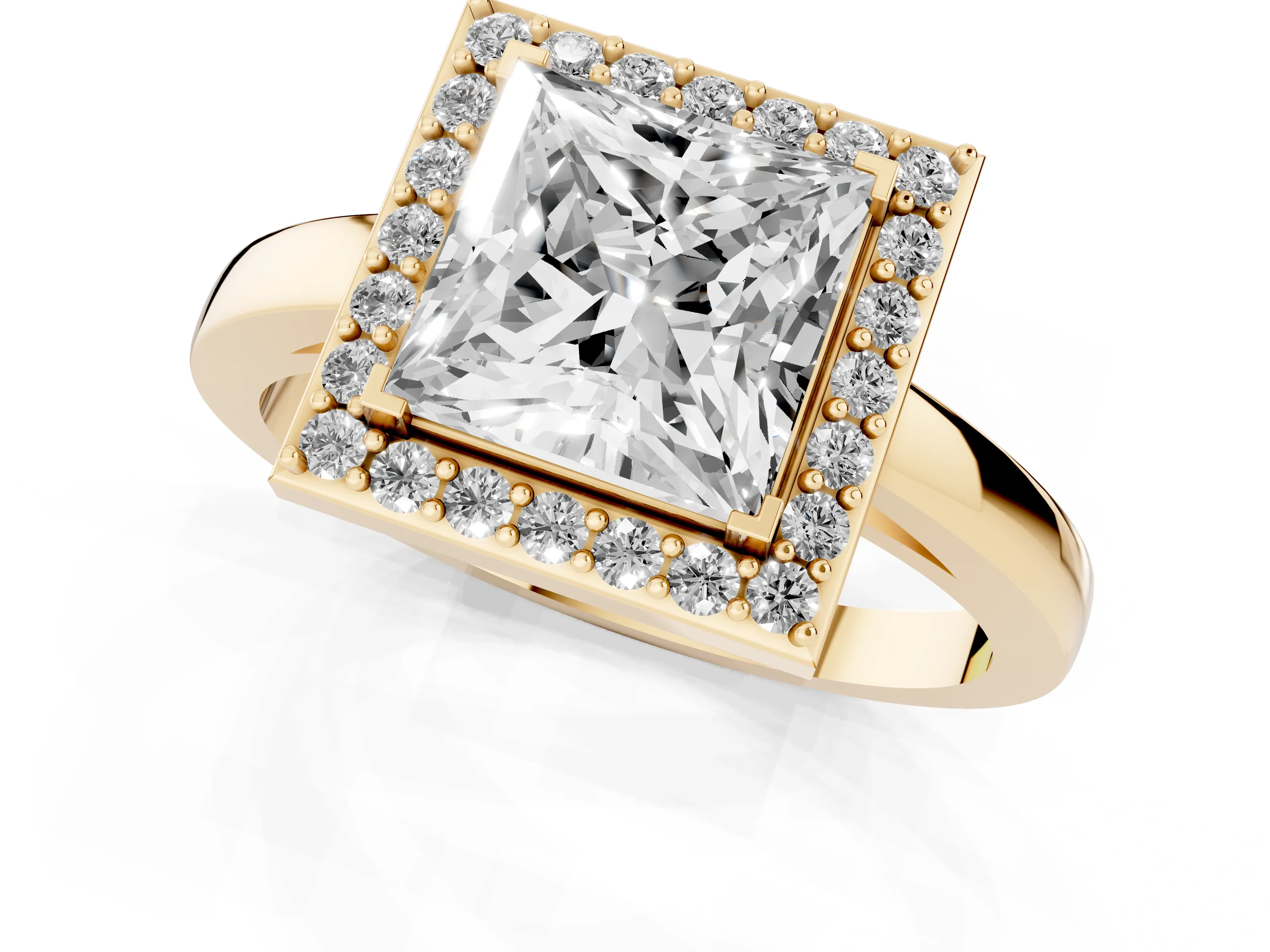 Princess Cut Diamond Halo Ring Set in Yellow gold with Solitaire Band and Prong Setting