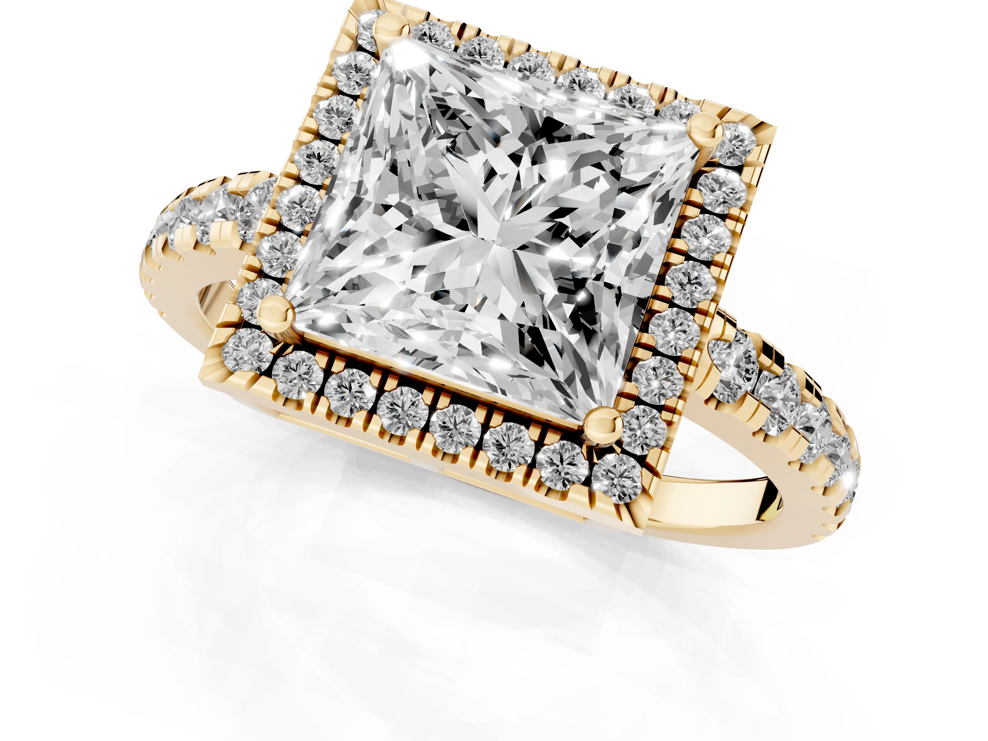 Princess Cut Diamond Halo Ring Set in Yellow gold with Delicate Pavé Band and Prong Setting