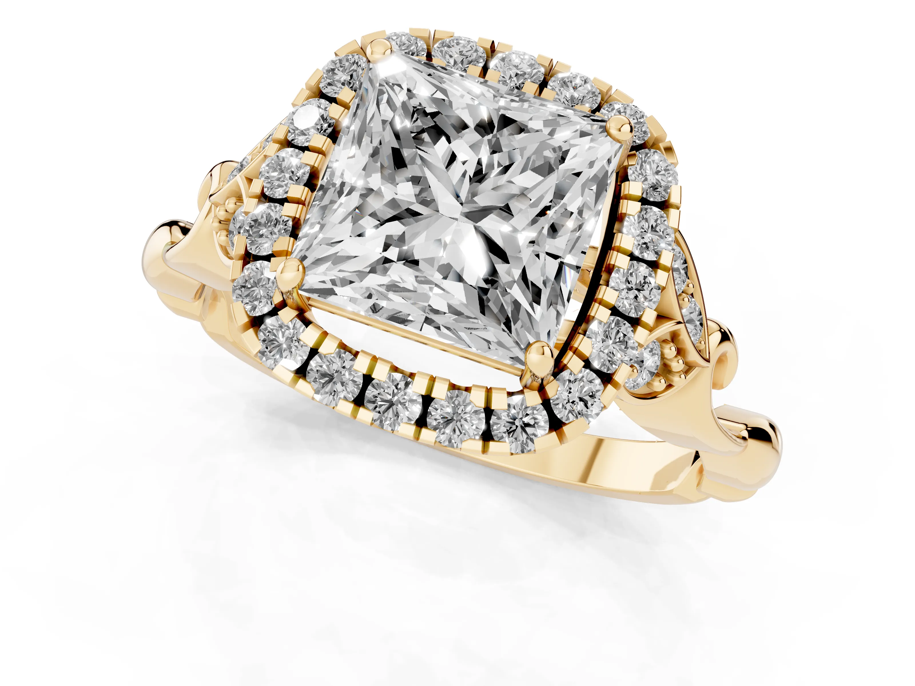 Princess Cut Diamond Halo Engagement Ring Set in Yellow gold with Vintage-Inspired Band and Prong Setting