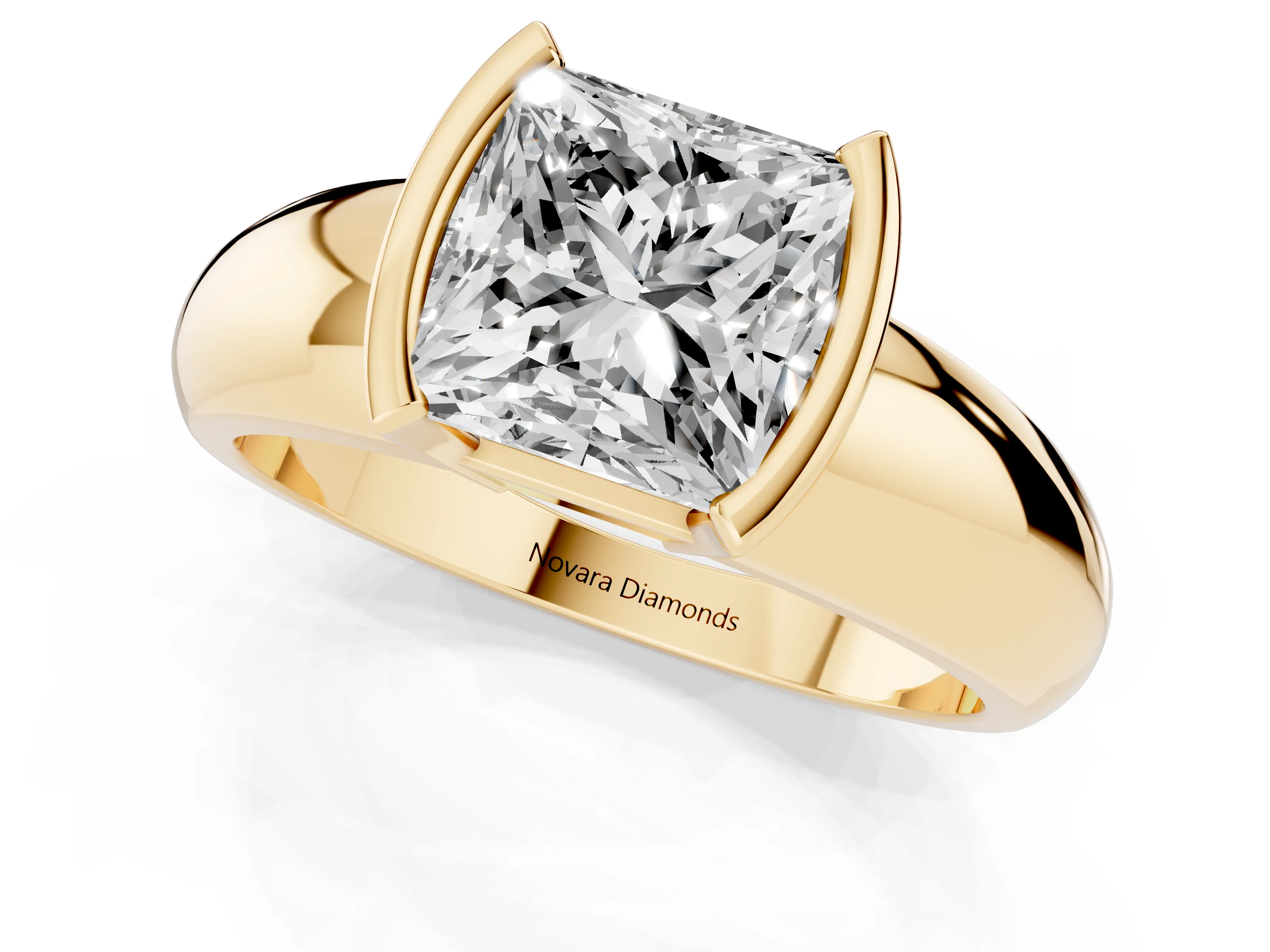 Princess Cut Diamond Solitaire Tension Set Ring Set in Yellow gold with Wide Band