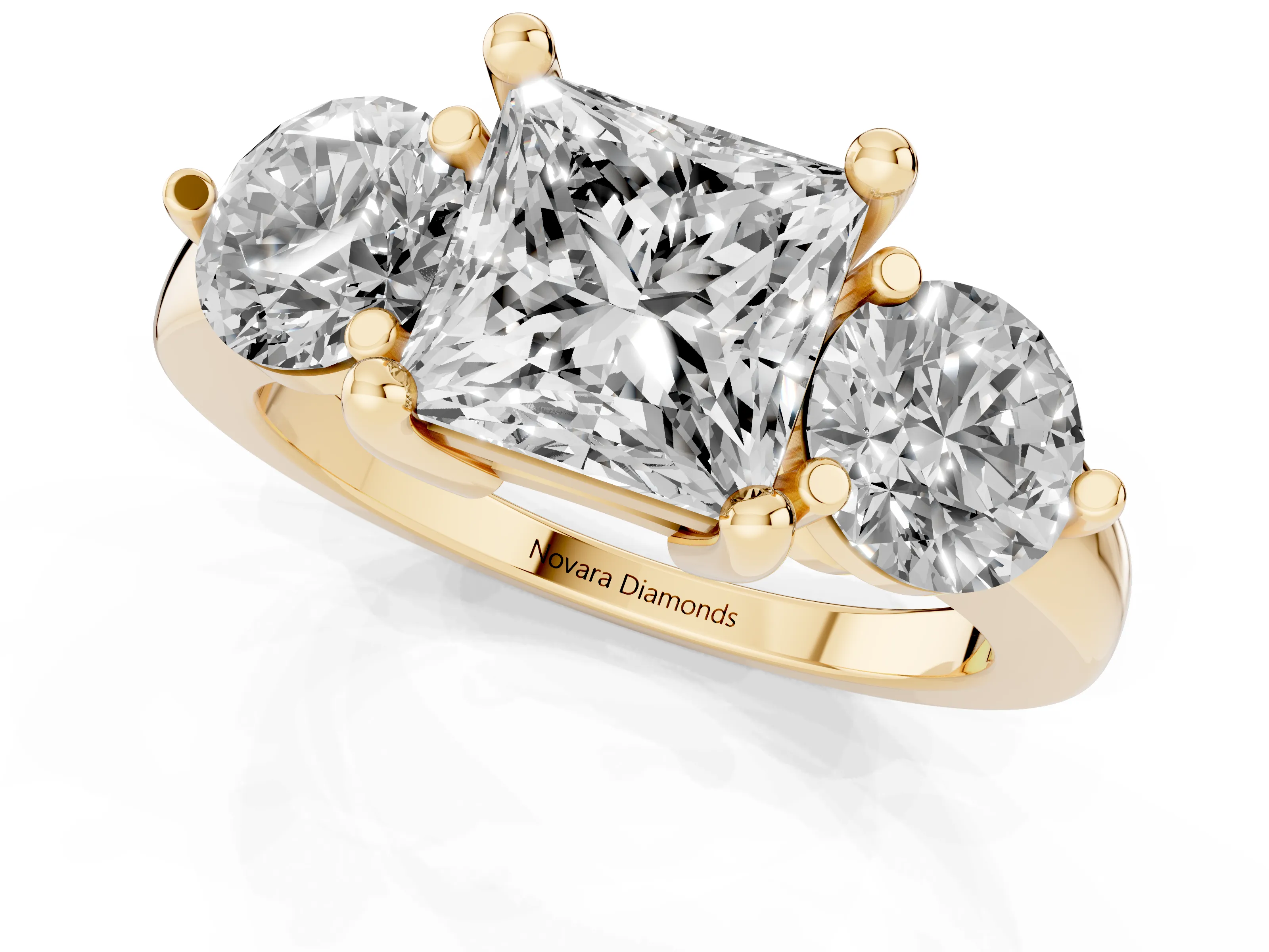 Princess Cut Diamond Three-Stone Ring Set in Yellow gold with Prong Setting and Classic Band