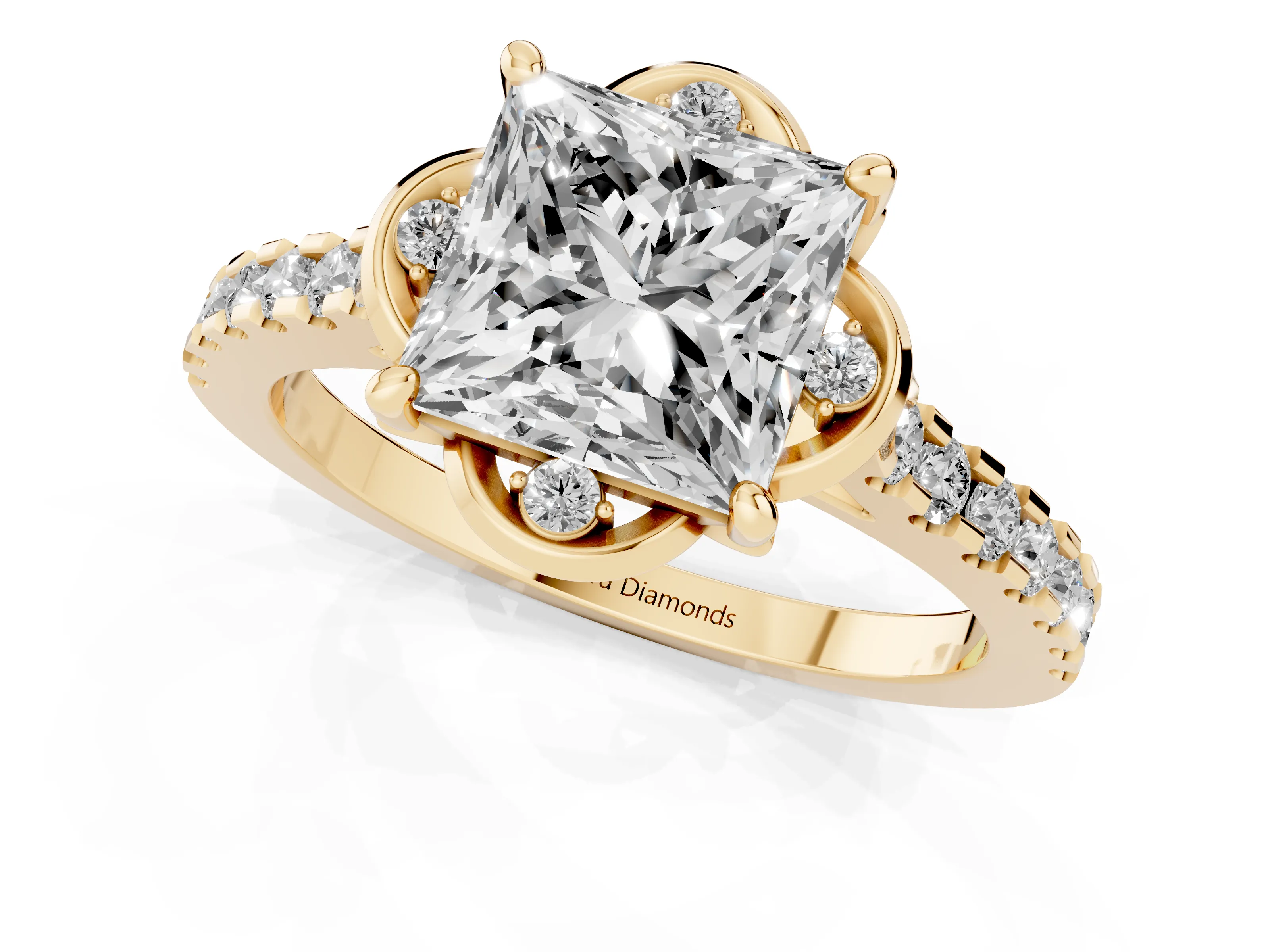Princess Cut Diamond Solitaire Ring Set in Yellow gold with Pavé Band and Floral Prong Setting