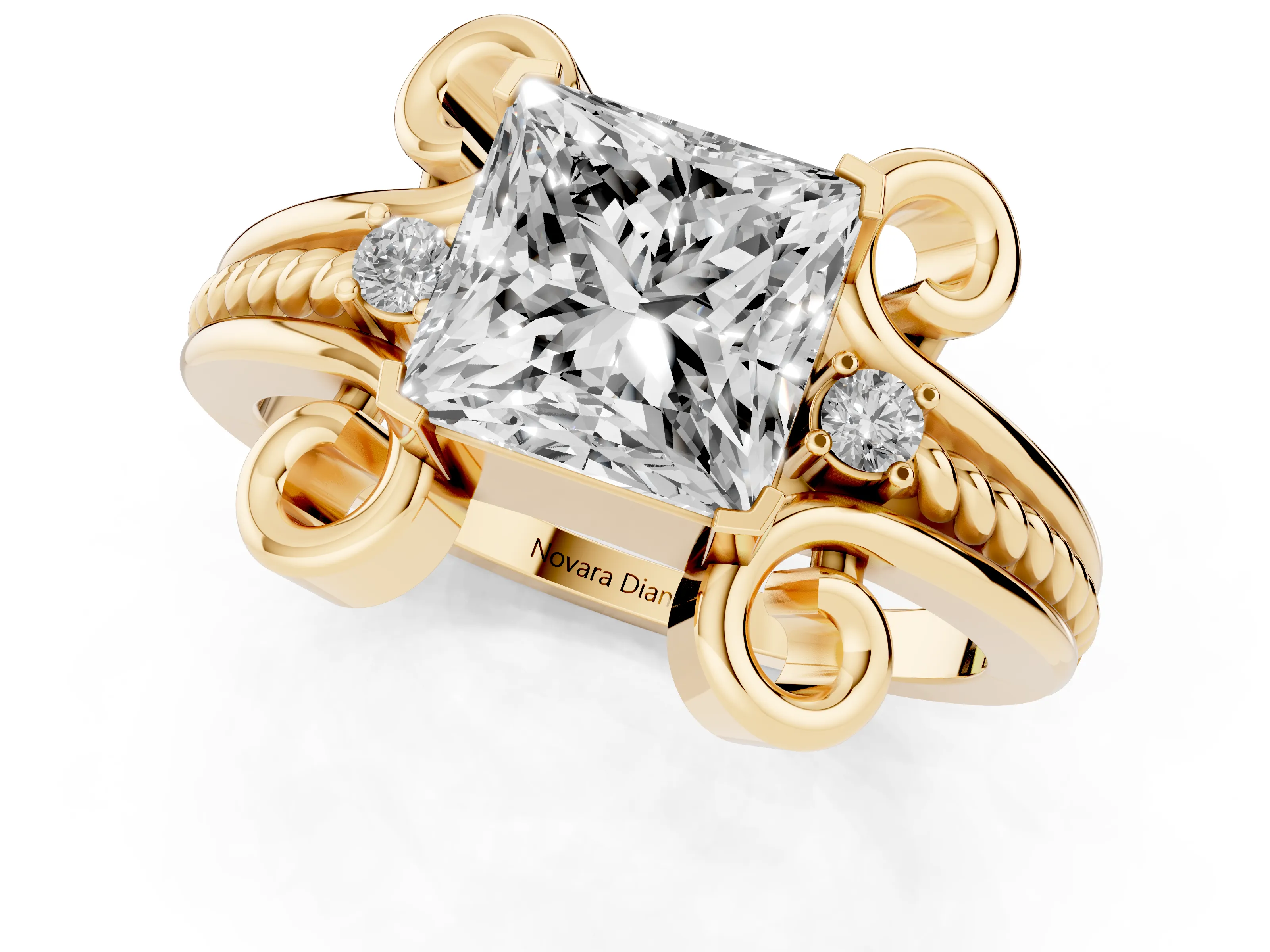 Princess Cut Diamond Twisted Band Solitaire Ring Set in Yellow gold with Scroll Prongs