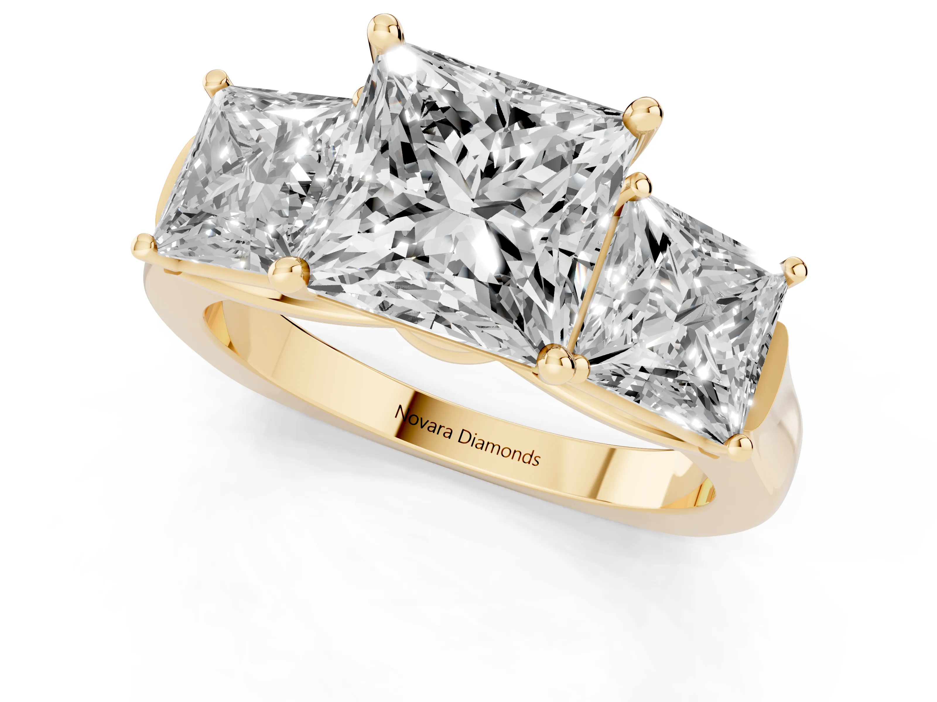 Princess Cut Diamond Three-Stone Trellis Ring Set in Yellow gold with Comfort Fit Band