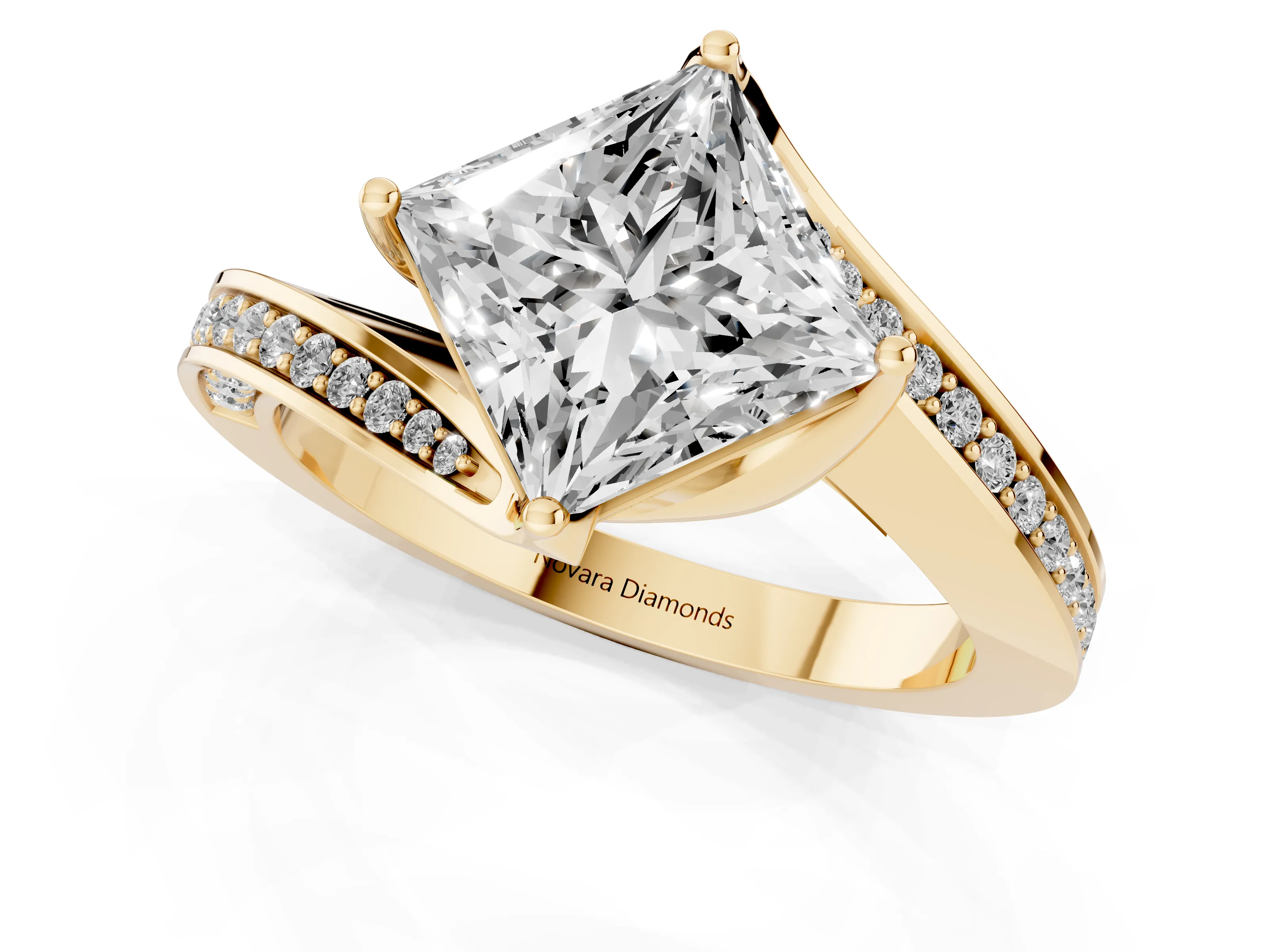 Princess Cut Diamond Solitaire Ring Set in Yellow gold with Intertwined Pavé Twist Band