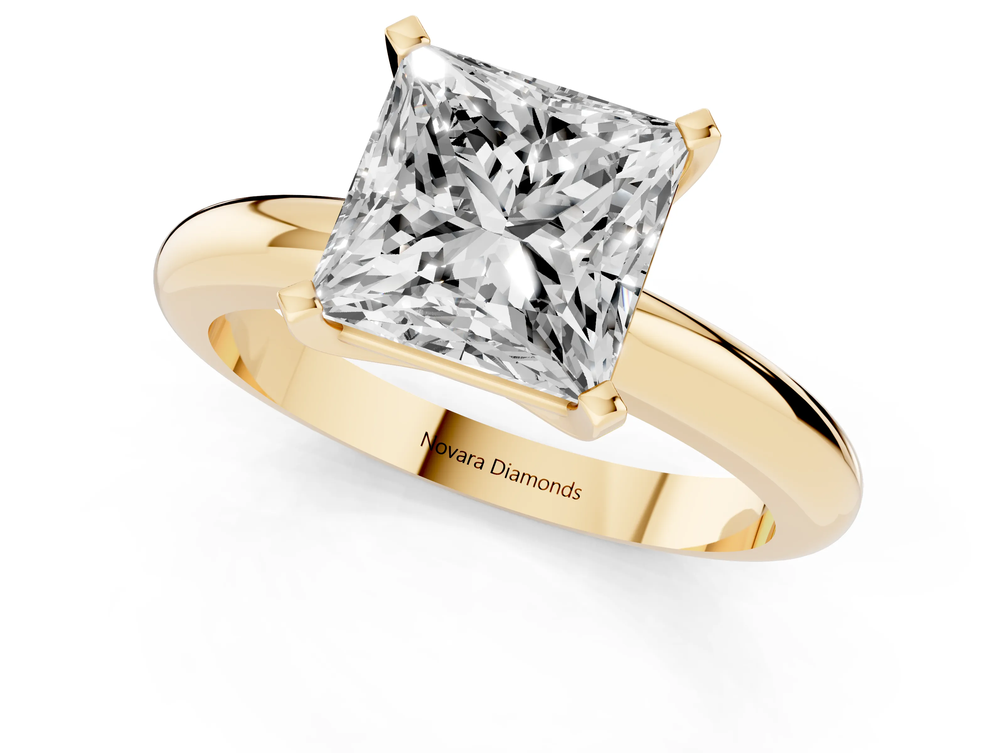 Princess Cut Diamond Solitaire Engagement Ring Set in Yellow gold with Round Band and Prong Setting