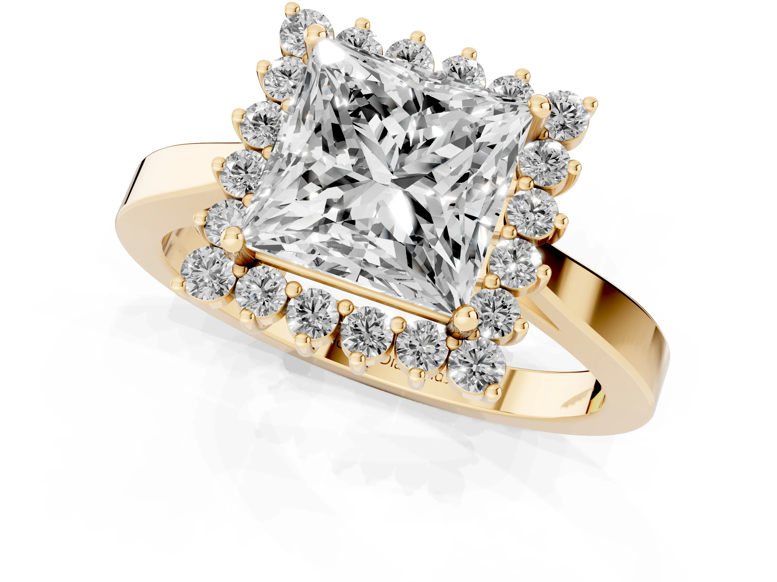 Princess Cut Diamond Halo Ring Set in Yellow gold with Round Halo and Smooth Solitaire Band