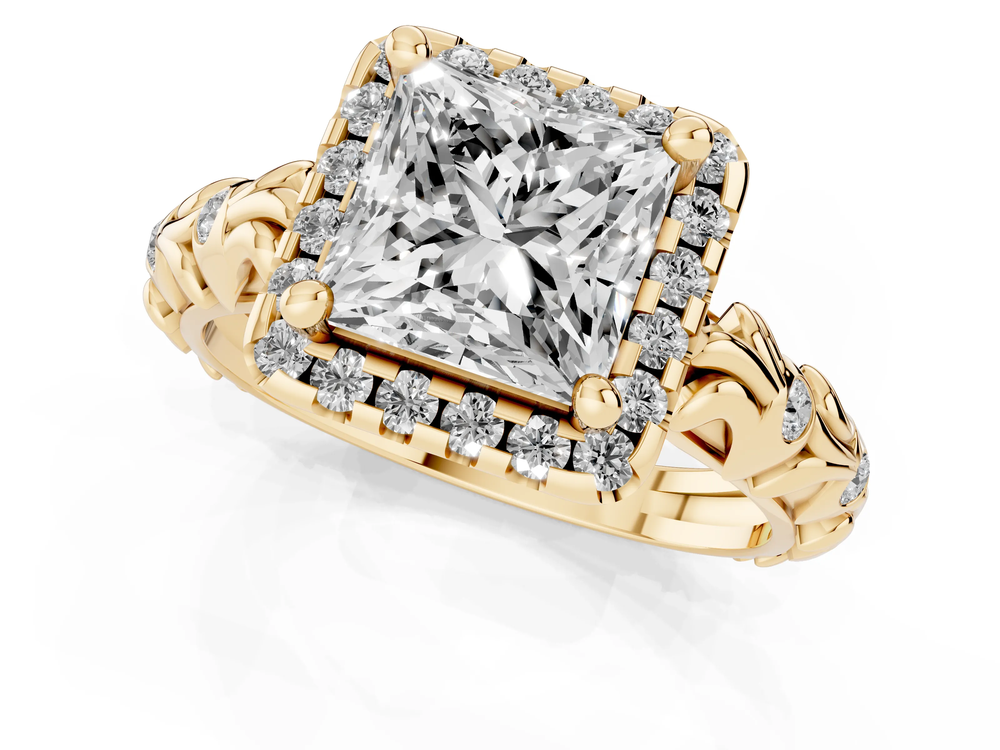 Princess Cut Diamond Halo Ring Set in Yellow gold with Filigree Leaf Band and Prong Setting