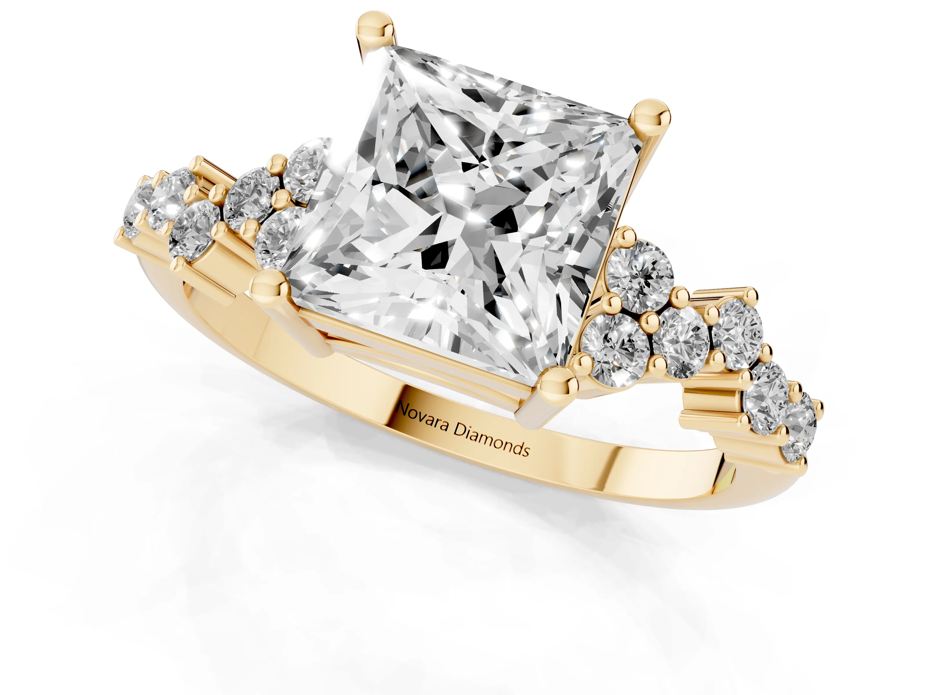 Princess Cut Diamond Ring Set in Yellow gold with Scattered Round Accents