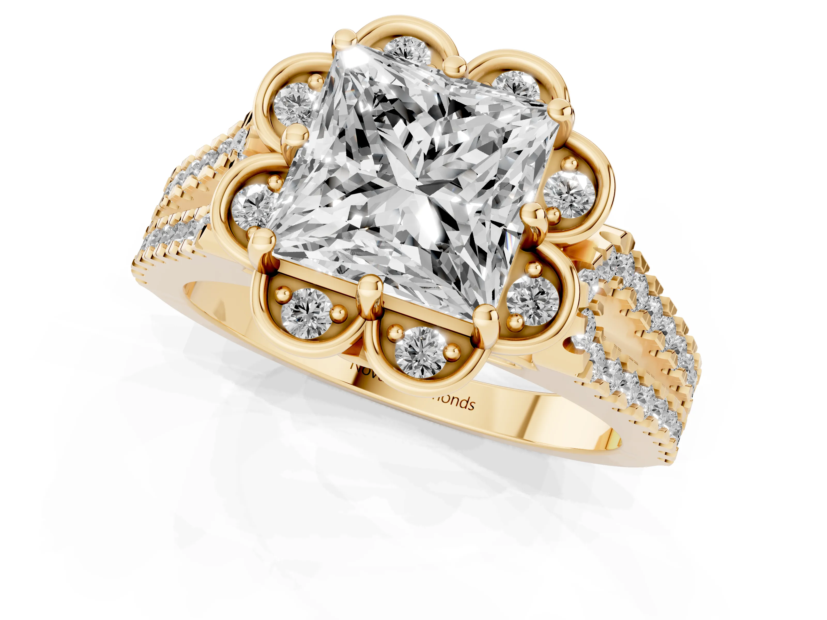 Princess Cut Diamond Floral Halo Split Shank Engagement Ring Set in Yellow gold with Pavé Shank – second view
