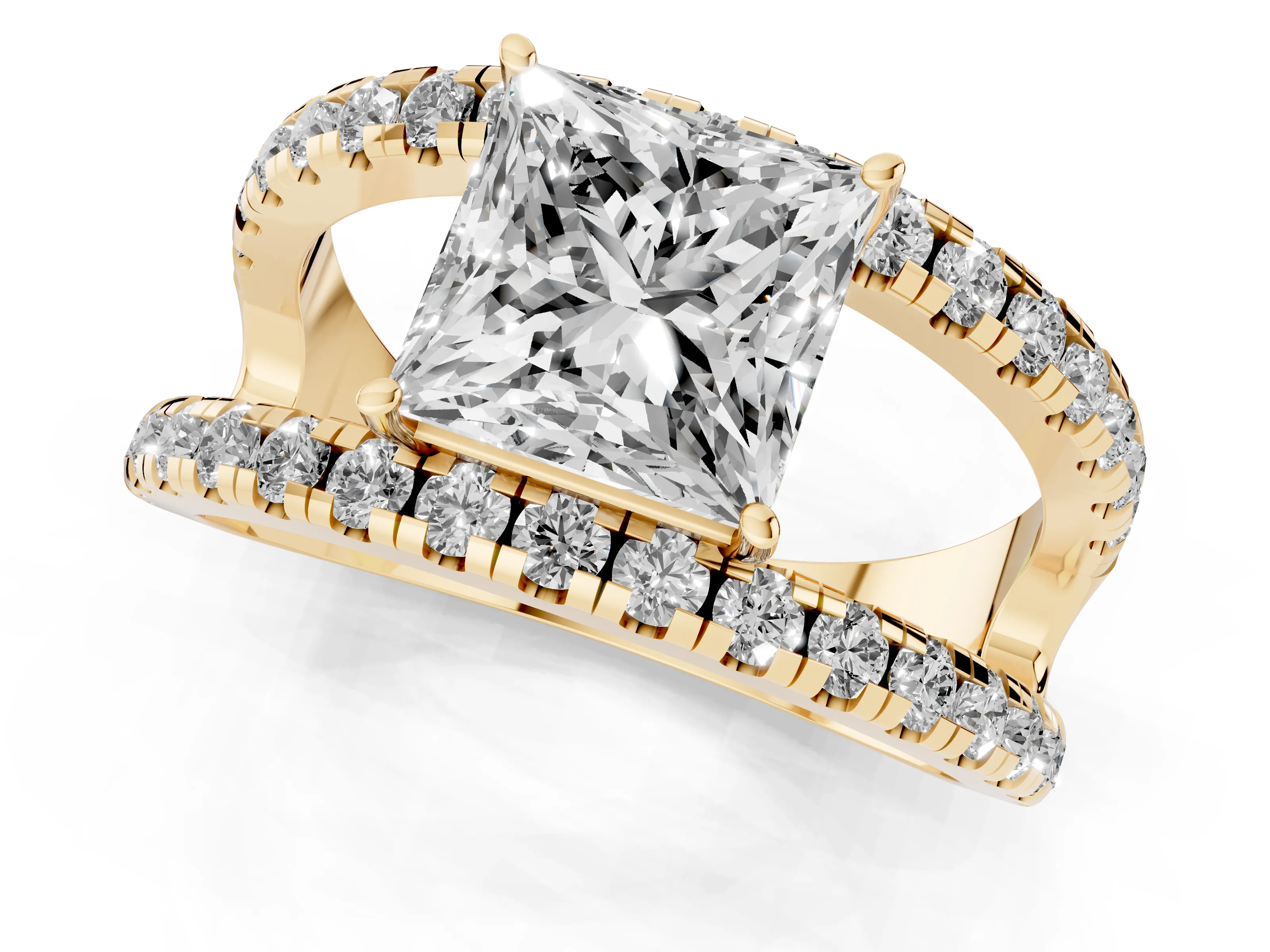 Princess Cut Diamond Split Shank Pavé Solitaire Ring Set in Yellow gold with Open Shank Design
