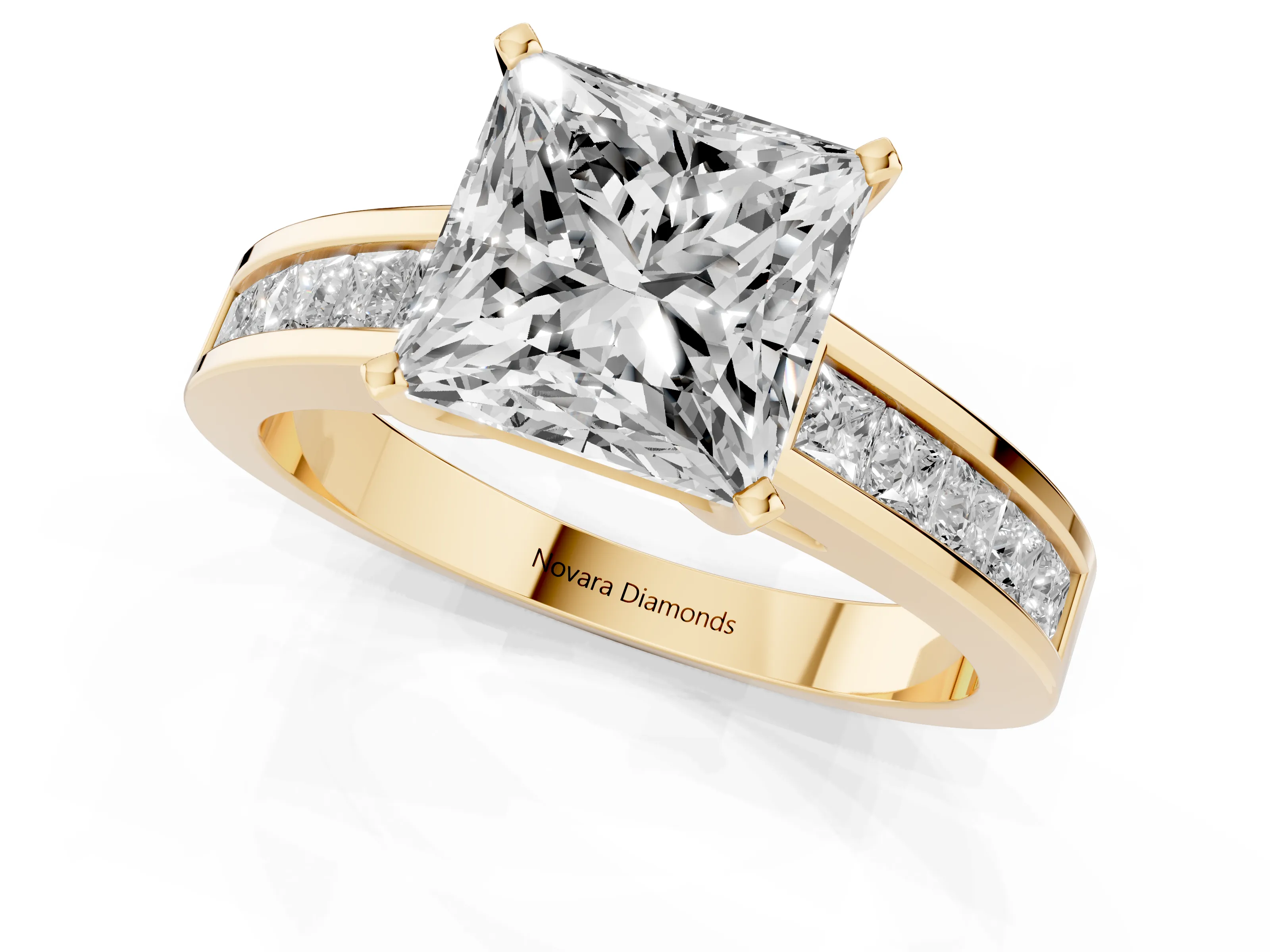 Princess Cut Diamond Solitaire Ring Set in Yellow gold with Channel-Set Band and Prong Setting