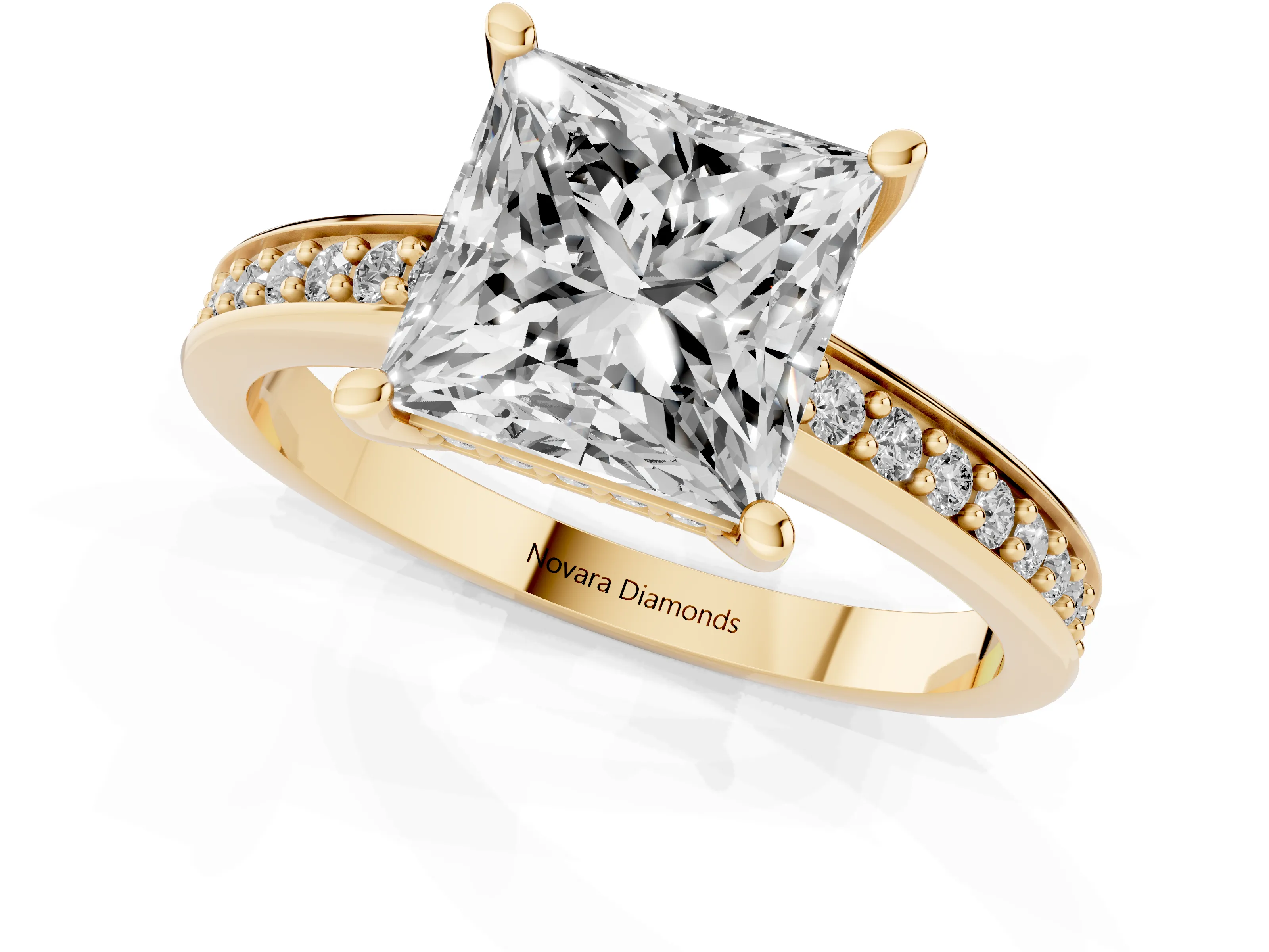 Princess Cut Diamond Pavé Band Prong Set Solitaire Ring Set in Yellow gold