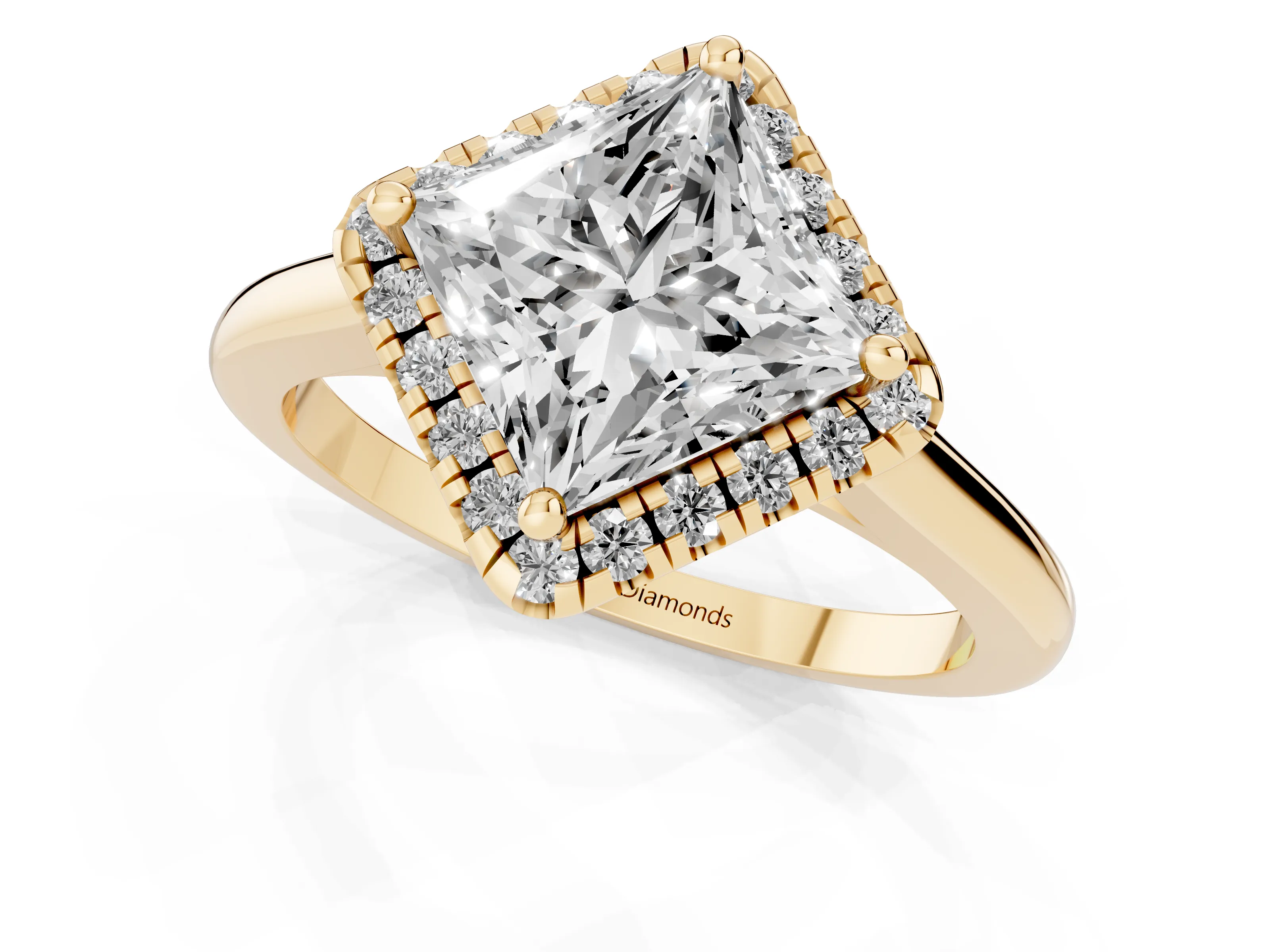Princess Cut Diamond Halo Engagement Ring Set in Yellow gold with Pavé Band and Rising Shoulders