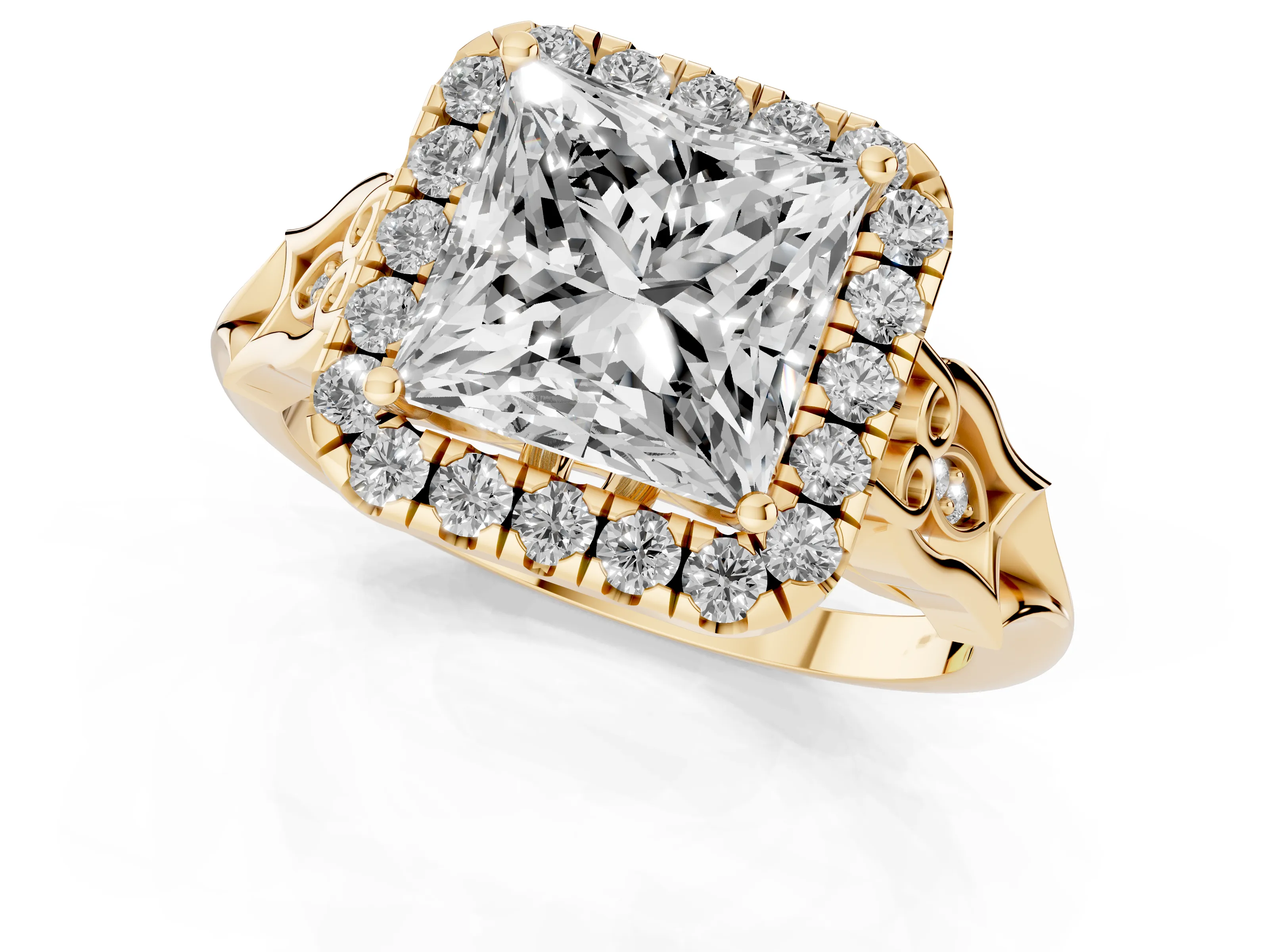 Princess Cut Diamond Halo Engagement Ring Set in Yellow gold with Filigree Band and Prong-Set Center