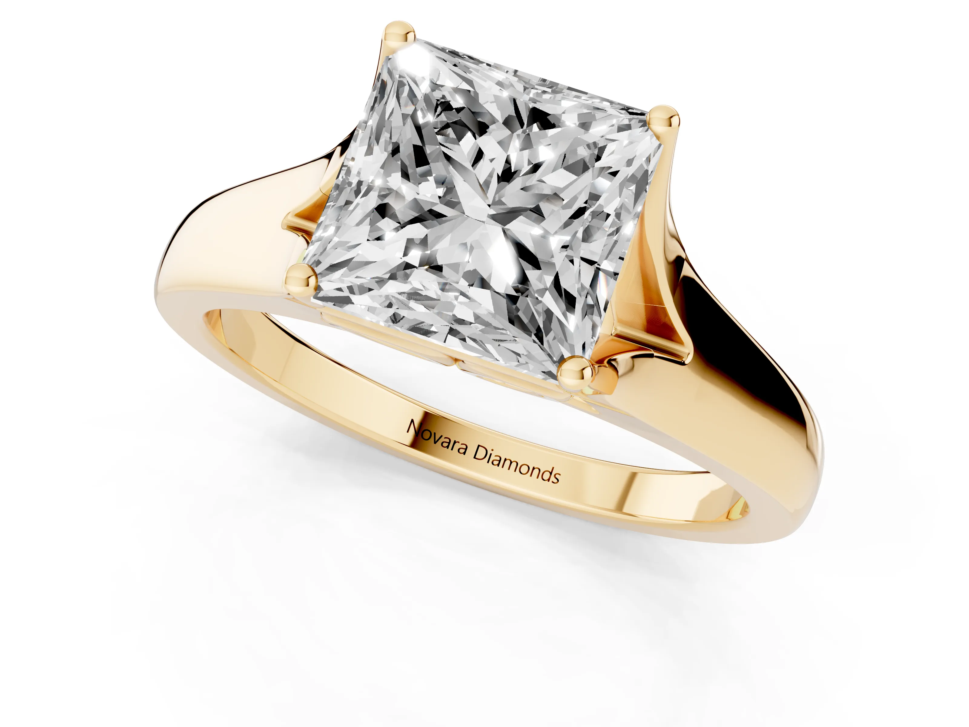 Princess Cut Diamond Solitaire Ring Set in Yellow gold with Arched Cathedral Band and Prong Setting