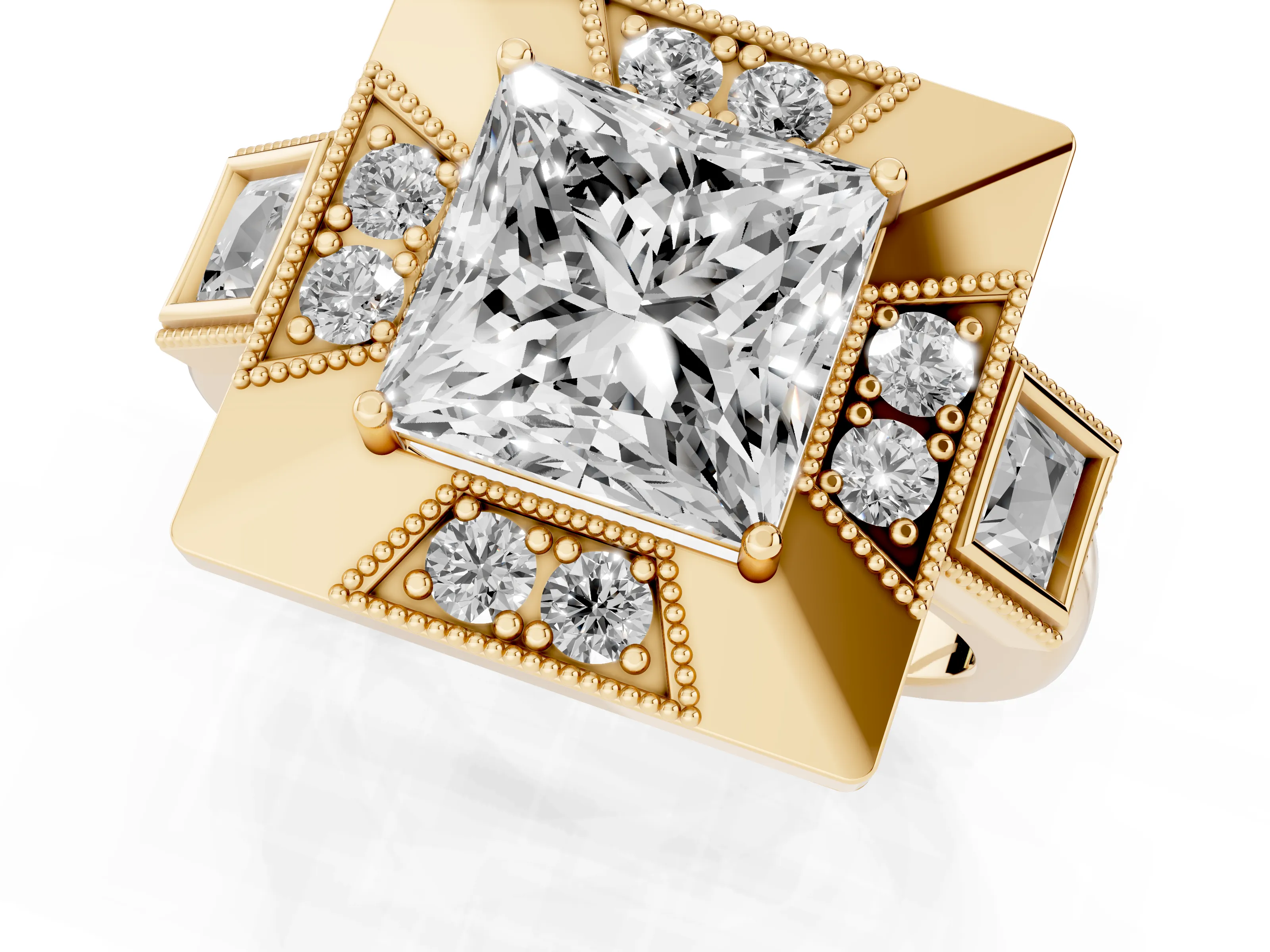 Princess Cut Diamond Milgrain Halo Ring Set in Yellow gold with Split Shank