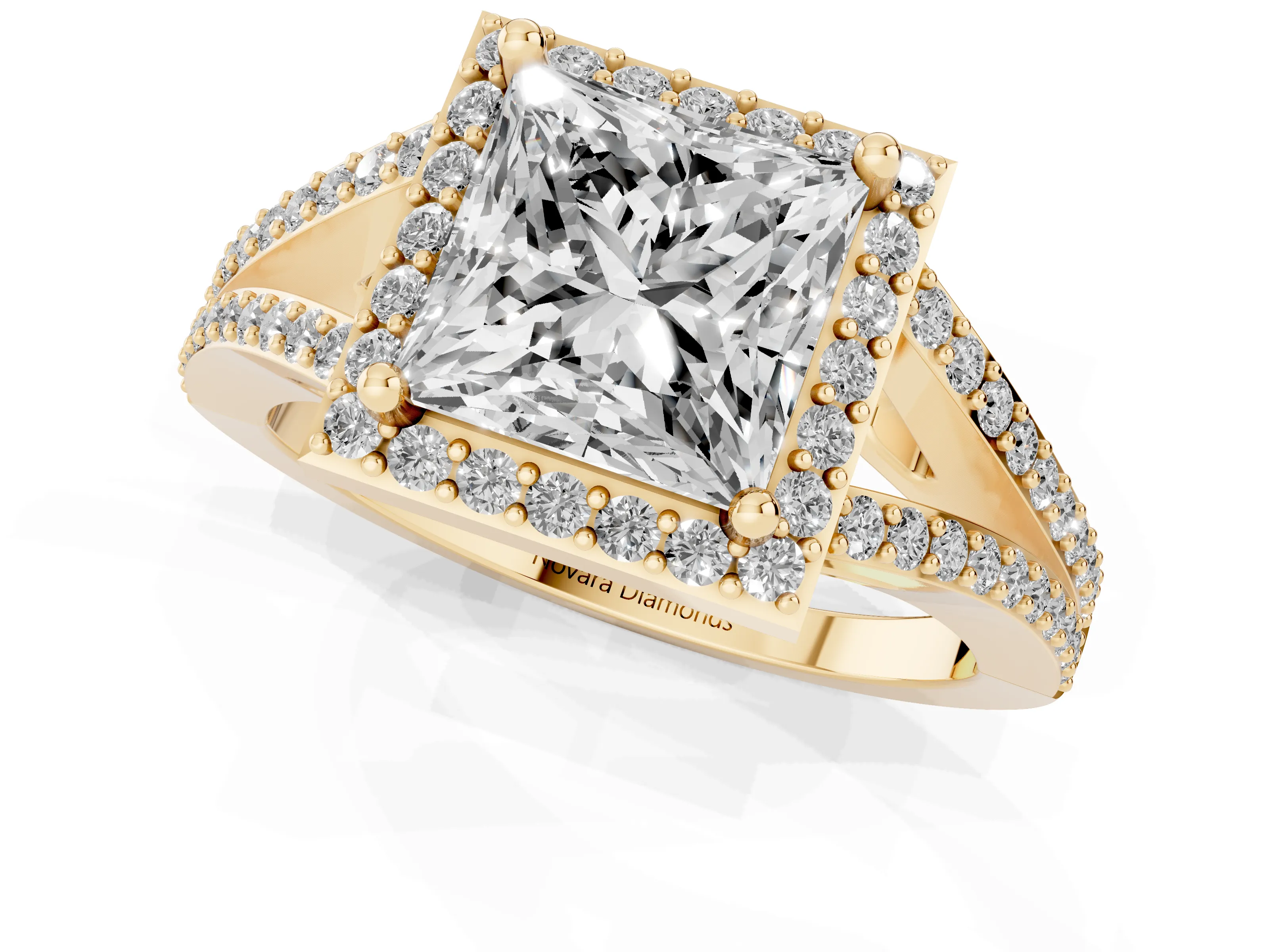 Princess Cut Diamond Halo Split Shank Pavé Ring Set in Yellow gold with Prong Setting – second view
