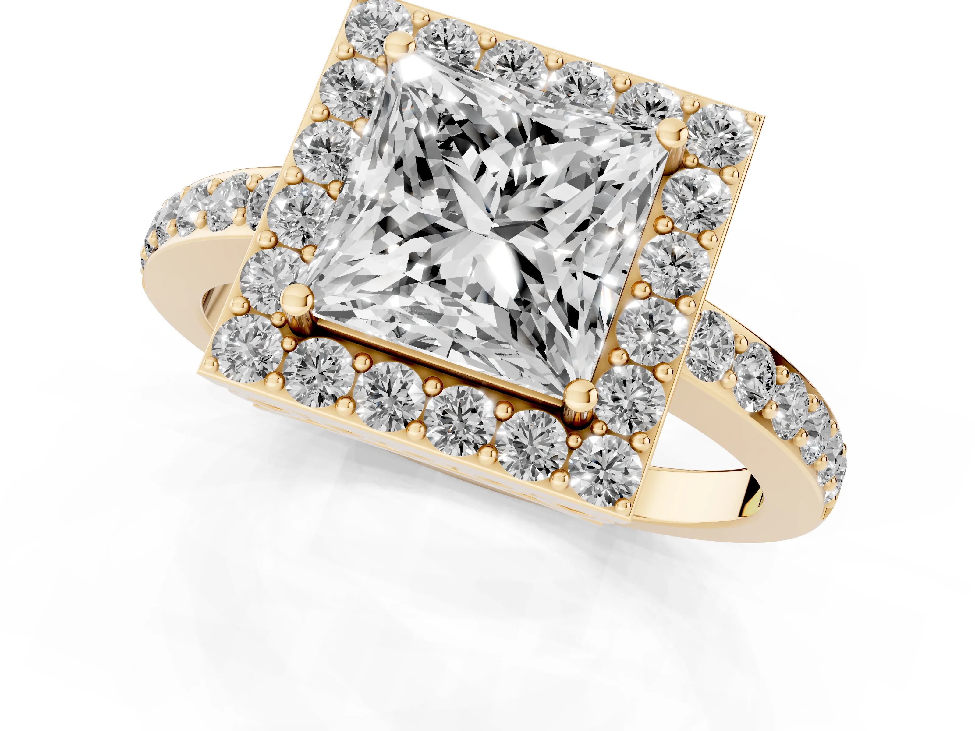 Princess Cut Diamond Halo Ring Set in Yellow gold with Pavé-Setting Band and Open Prong Center