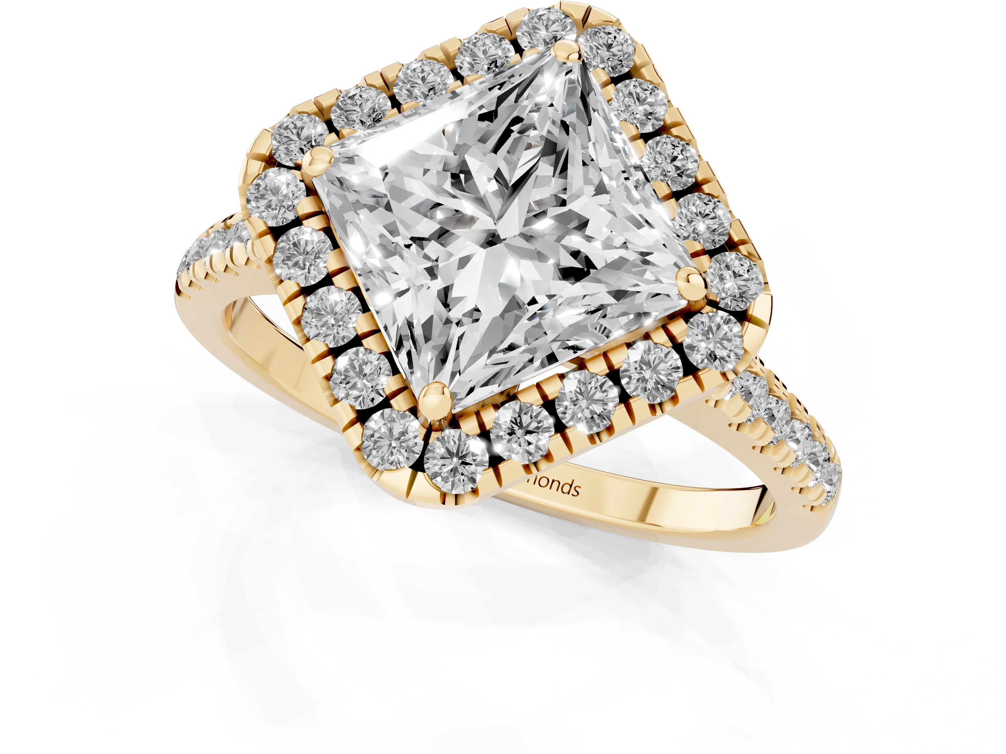 Princess Cut Diamond Cushion Halo Ring Set in Yellow gold with Pavé Band
