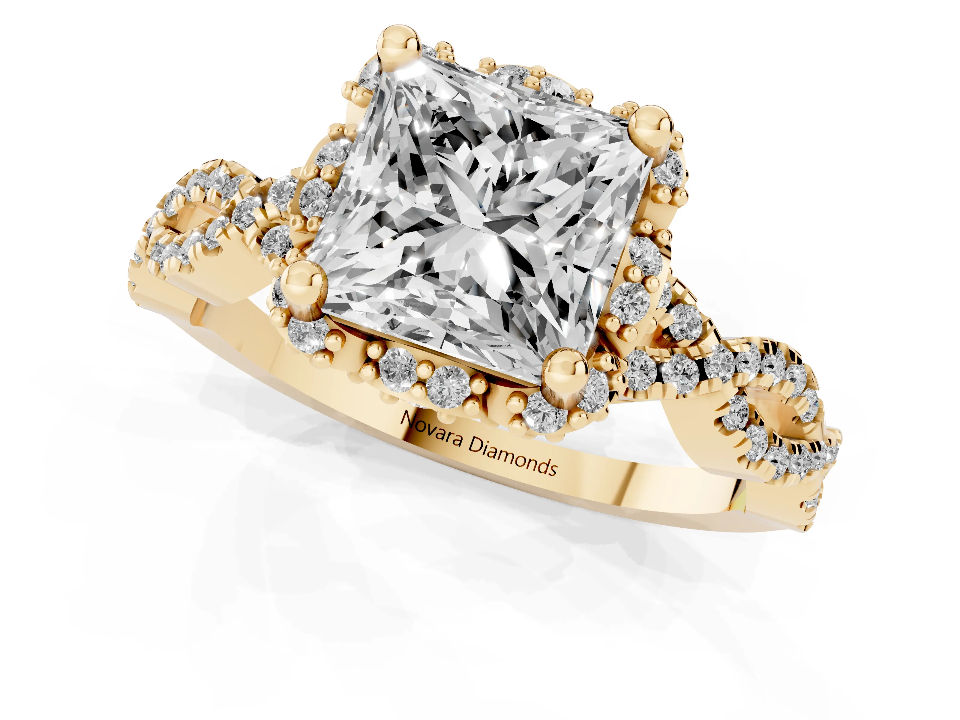 Princess Cut Diamond Halo Twist Band Solitaire Ring Set in Yellow gold with Prong-Set Center Stone