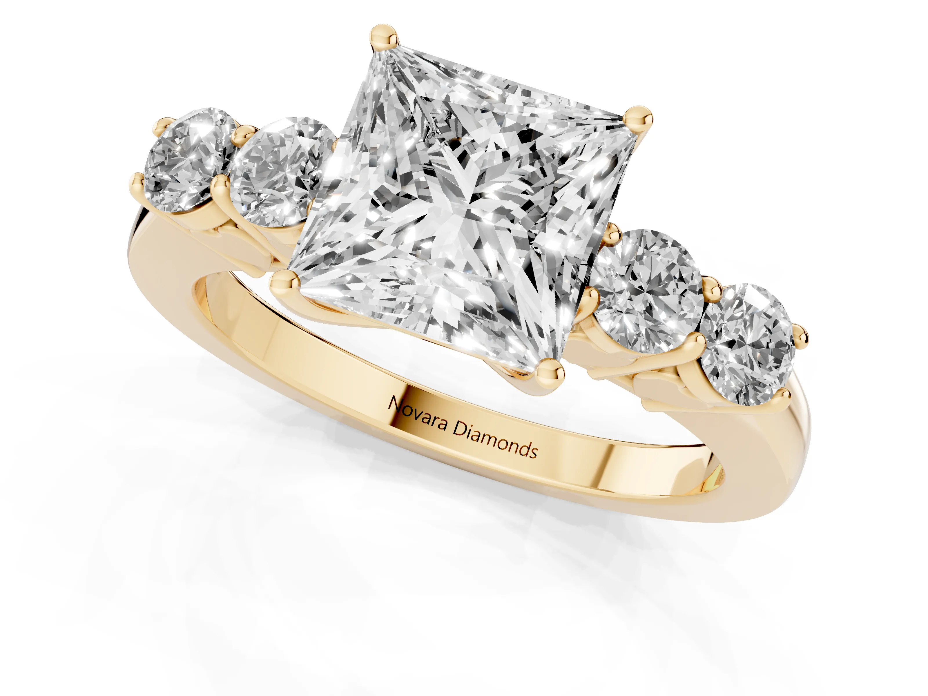 Princess Cut Diamond Five-Stone Prong Set Band Ring Set in Yellow gold with Polished Band