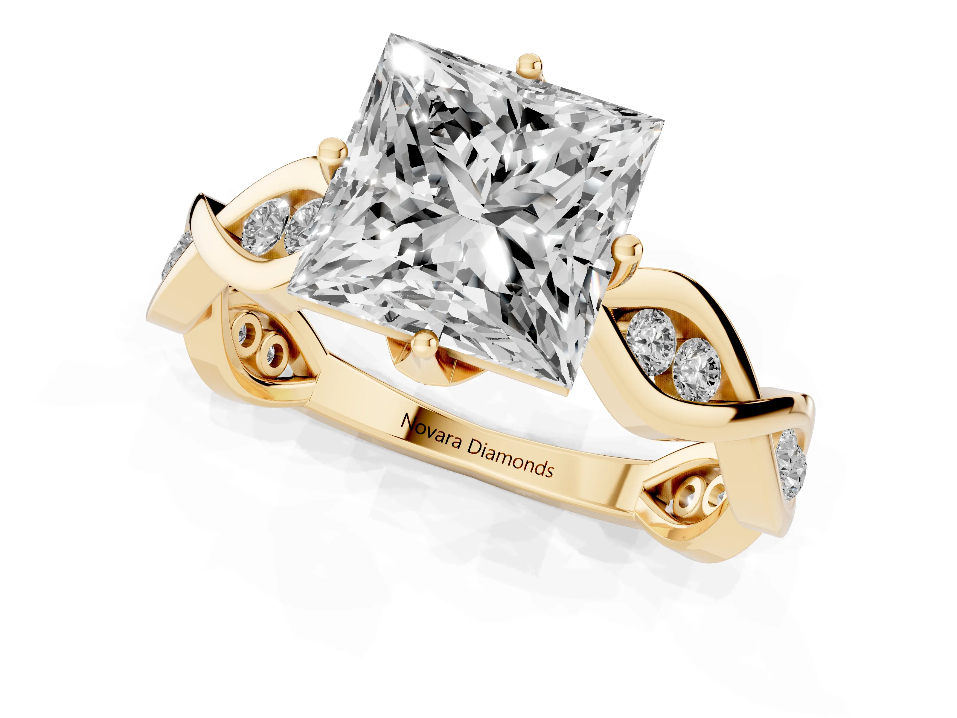 Princess Cut Diamond Twist Band Solitaire Ring Set in Yellow gold with Leaf Prong Setting and Accent Stones