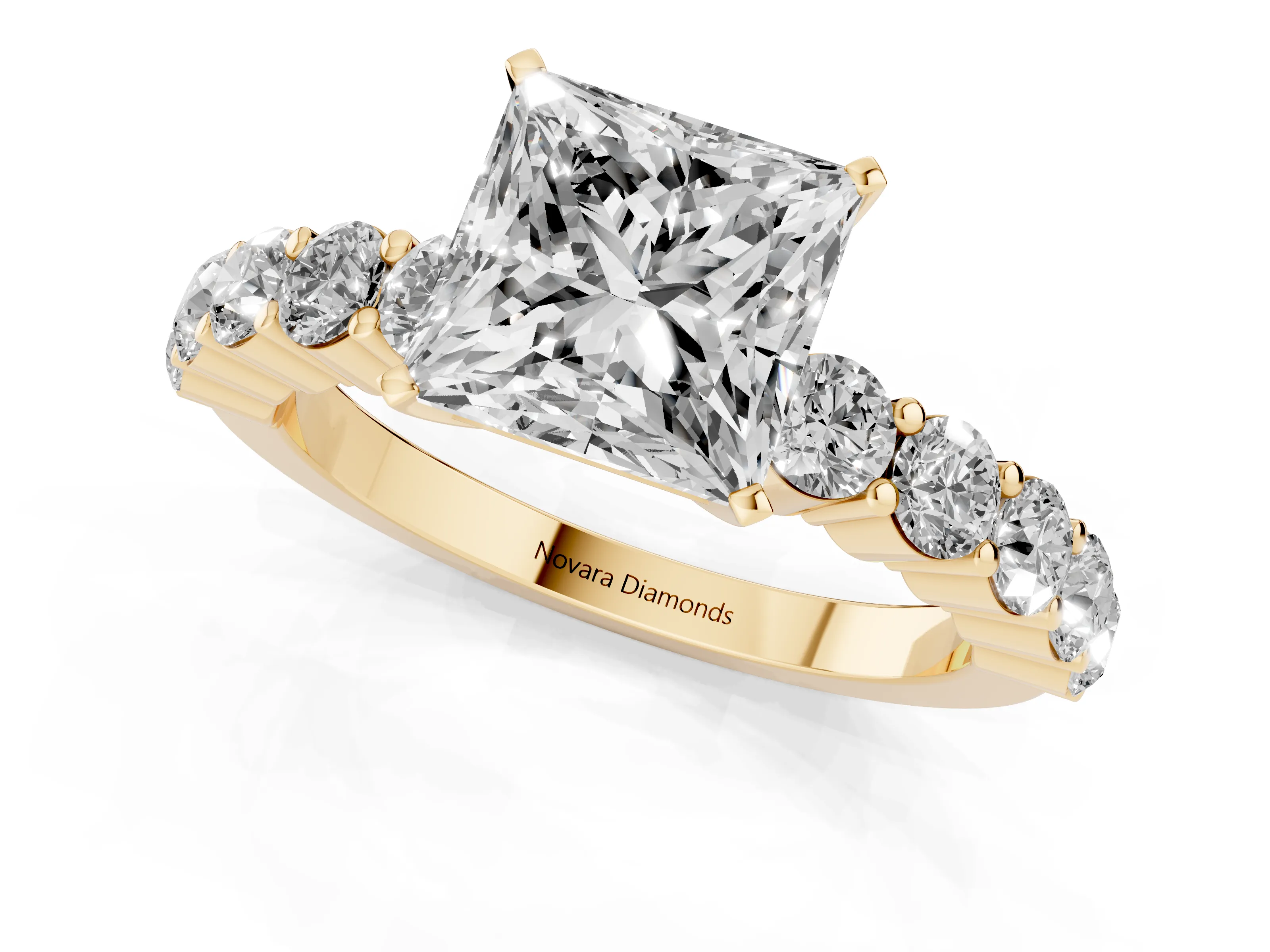 Princess Cut Diamond Solitaire Ring Set in Yellow gold with Shared Prong Round Side Stones