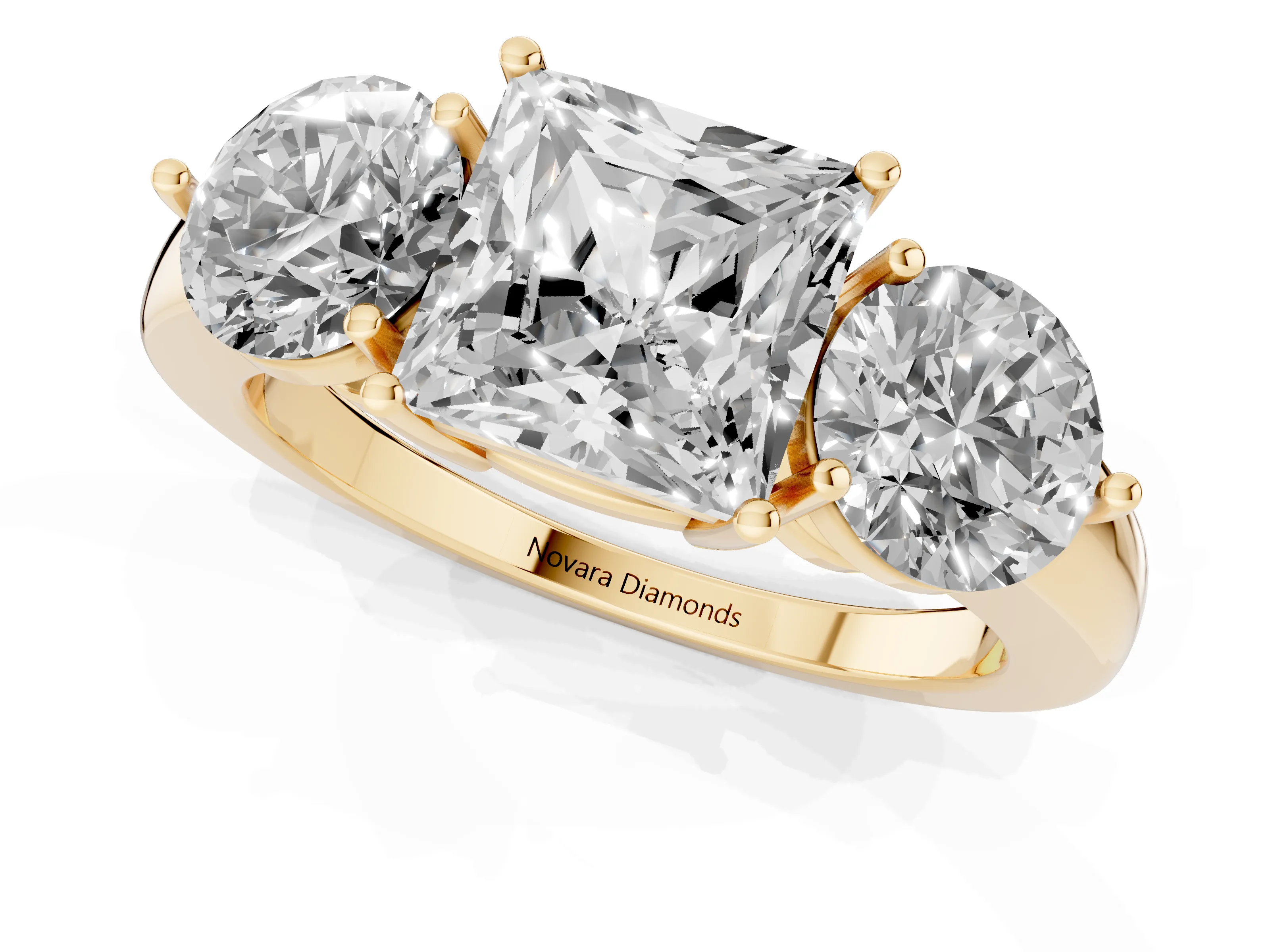 Princess Cut Diamond Three-Stone Ring Set in Yellow gold with Prong Setting and Plain Band