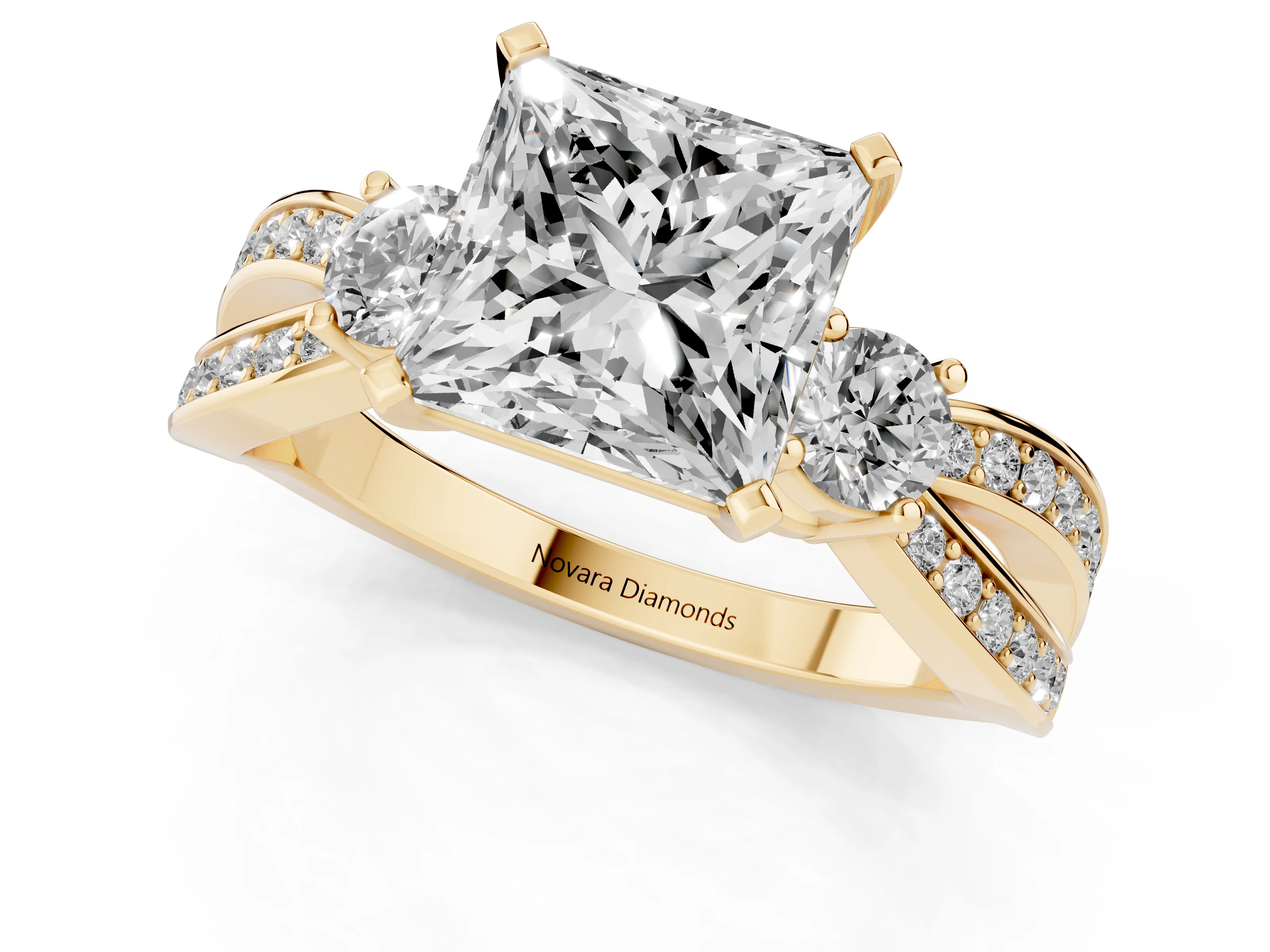 Three-Stone Princess Cut Diamond Twist Band Ring Set in Yellow gold with Pavé Accents and Prong Setting – second view