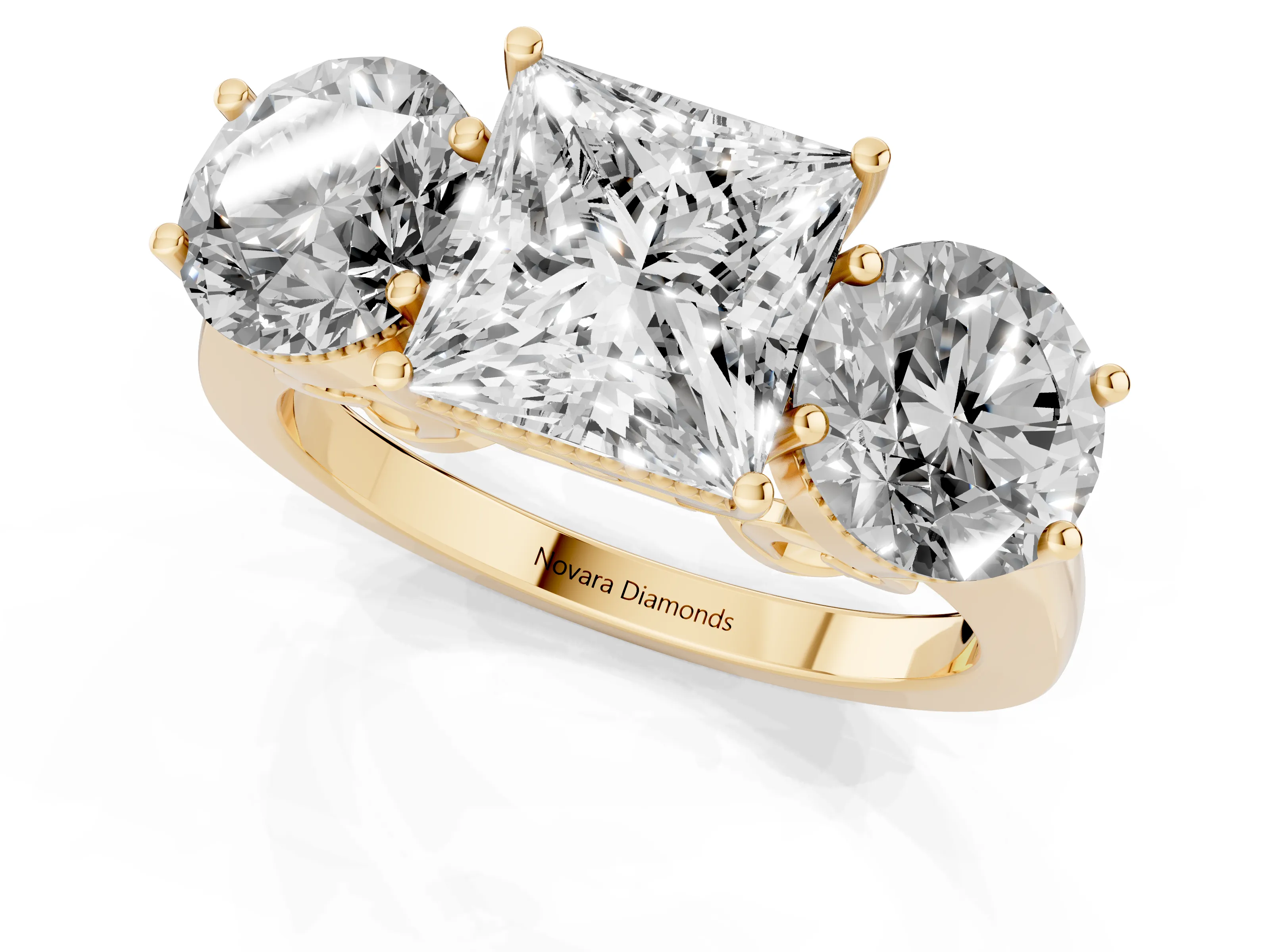 Princess Cut Diamond Three-Stone Engagement Ring Set in Yellow gold with Polished Band