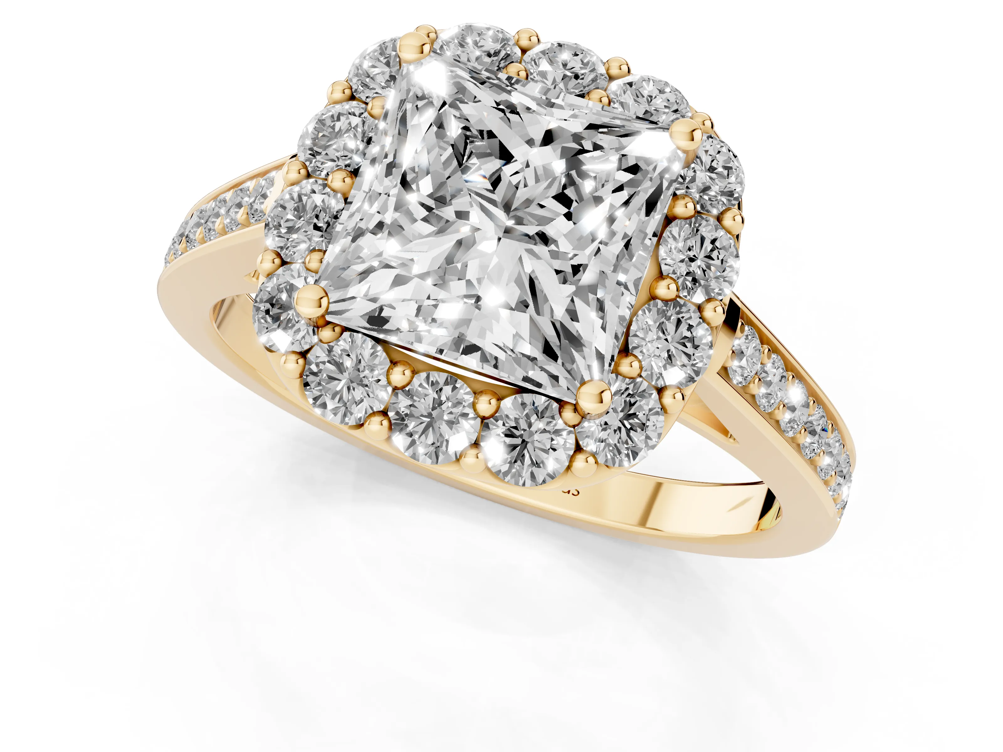 Princess Cut Diamond Floral Halo Ring Set in Yellow gold with Pavé Band and Prong Setting