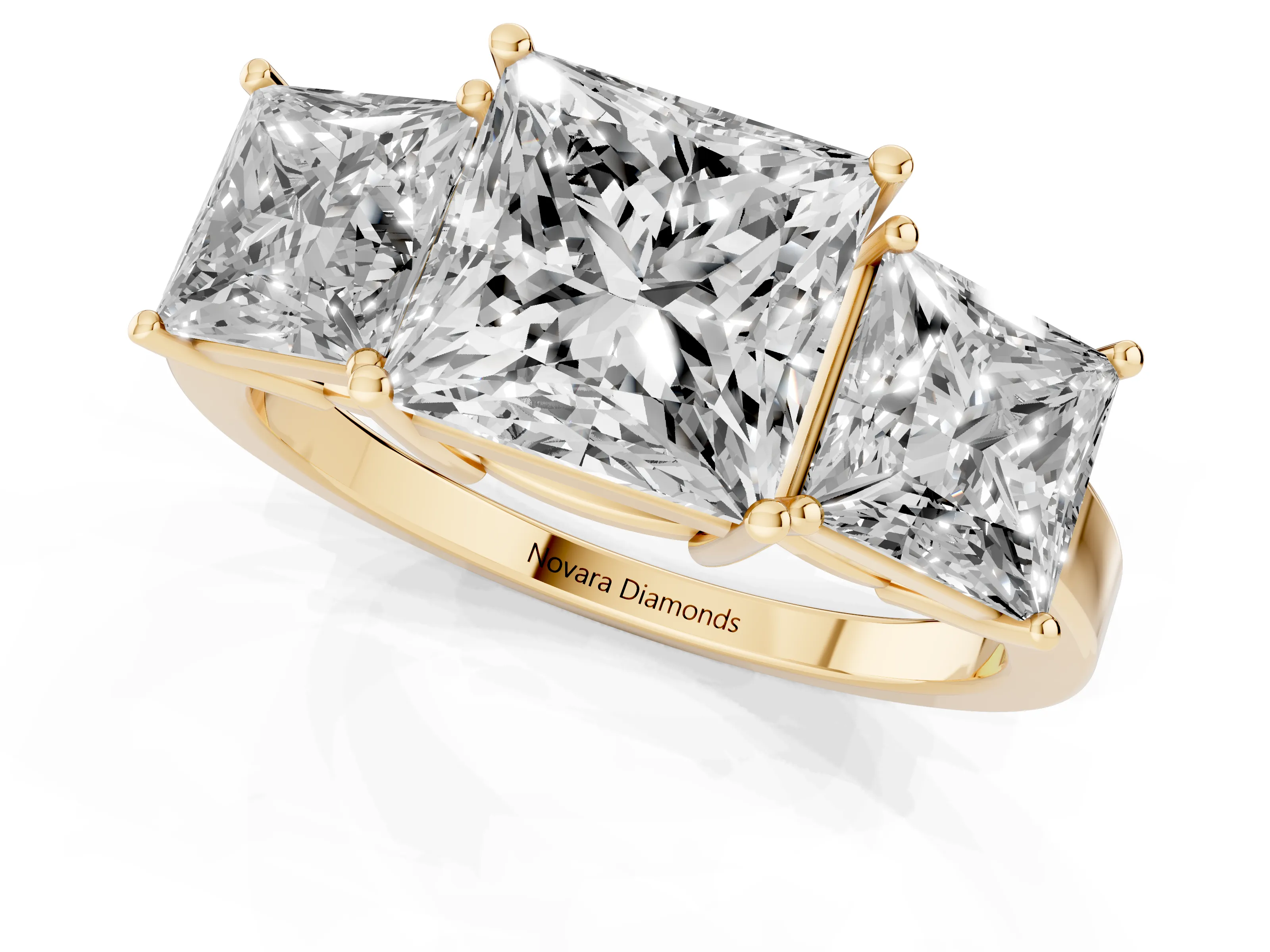 Princess Cut Diamond Three-Stone Engagement Ring Set in Yellow gold with Flat Band