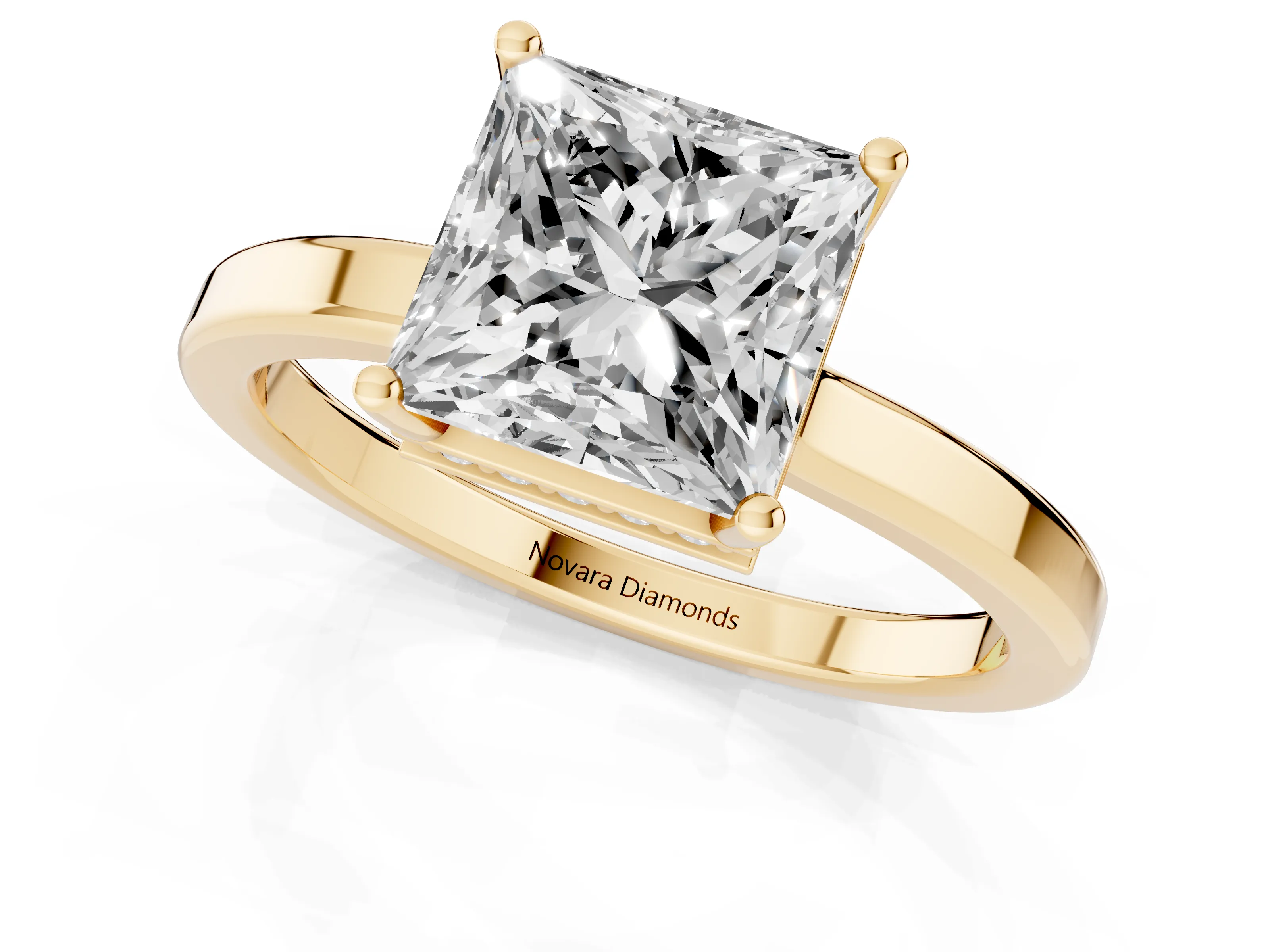 Princess Cut Diamond Solitaire Engagement Ring Set in Yellow gold with Prong Setting on a Plain Band