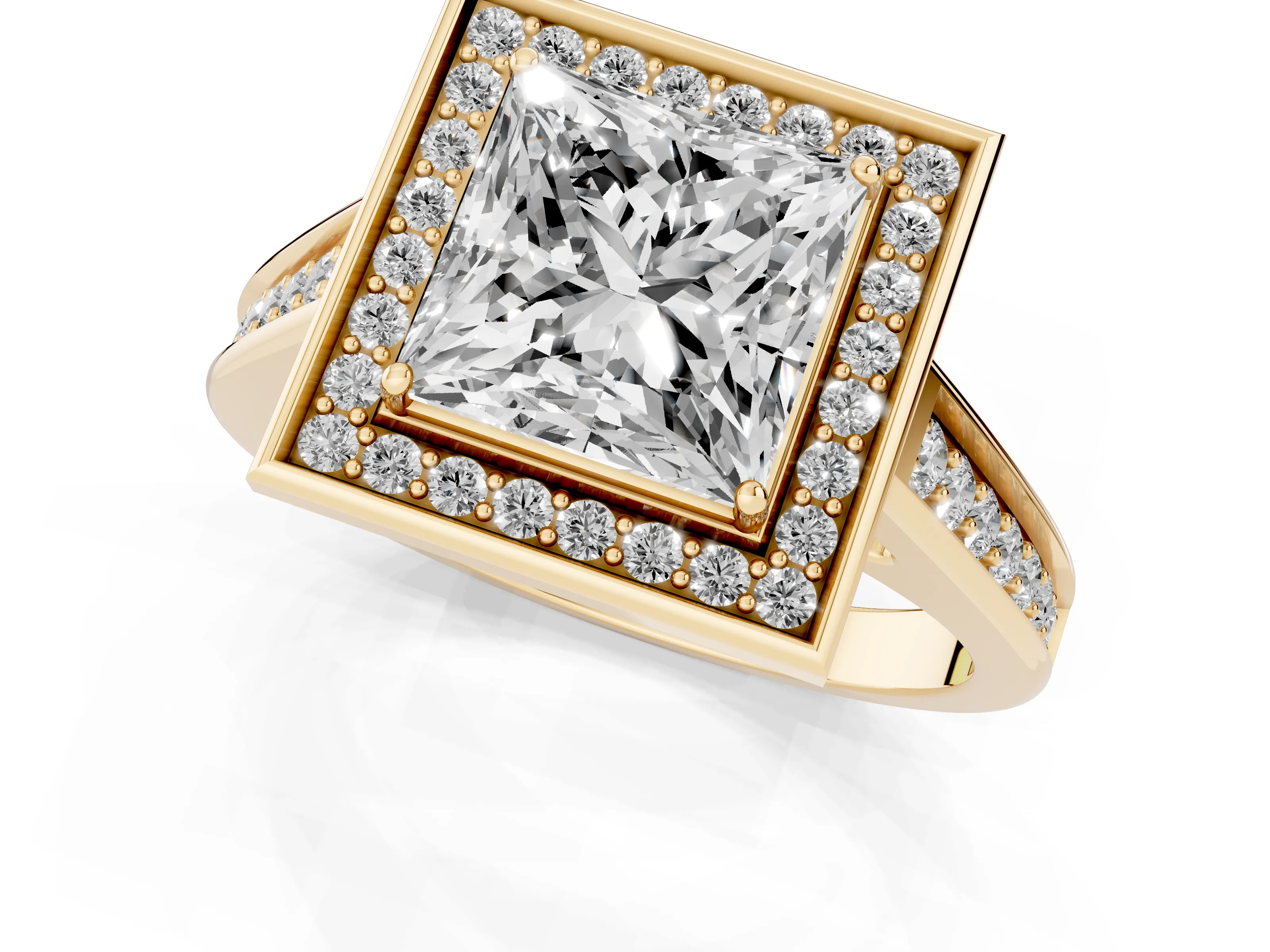 Princess Cut Diamond Halo Solitaire Ring Set in Yellow gold with Pavé Band and Bezel Setting – second view