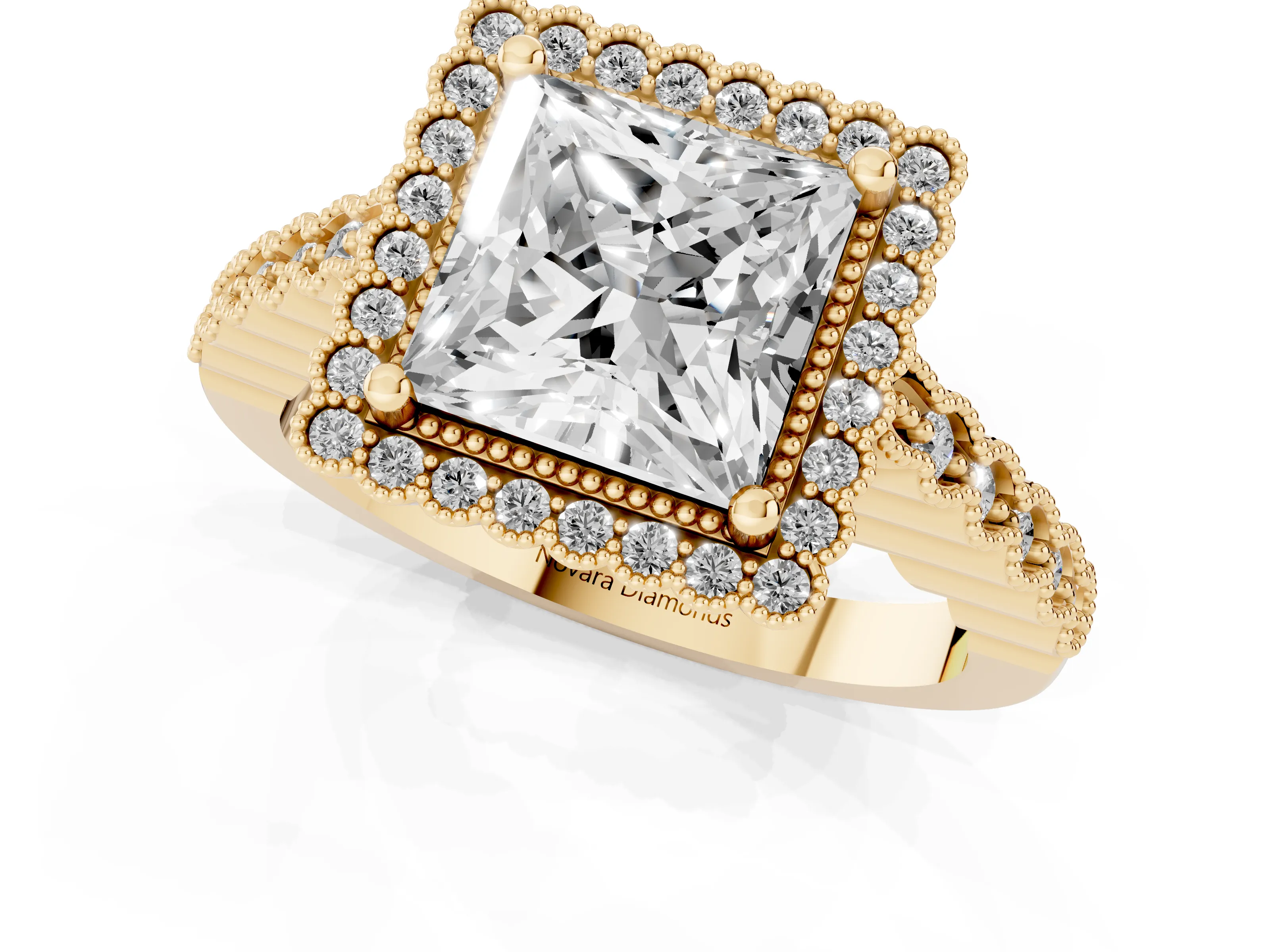 Princess Cut Diamond Halo Ring Set in Yellow gold with Pavé Milgrain Band