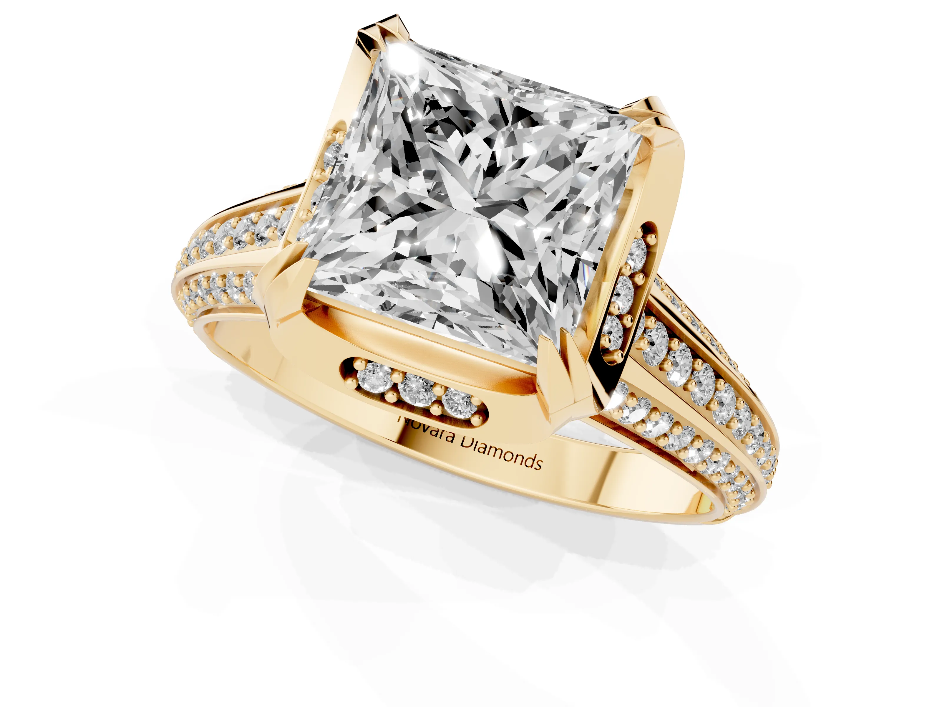 Princess Cut Diamond Pavé Split Shank Solitaire Ring Set in Yellow gold with Prong Setting – second view