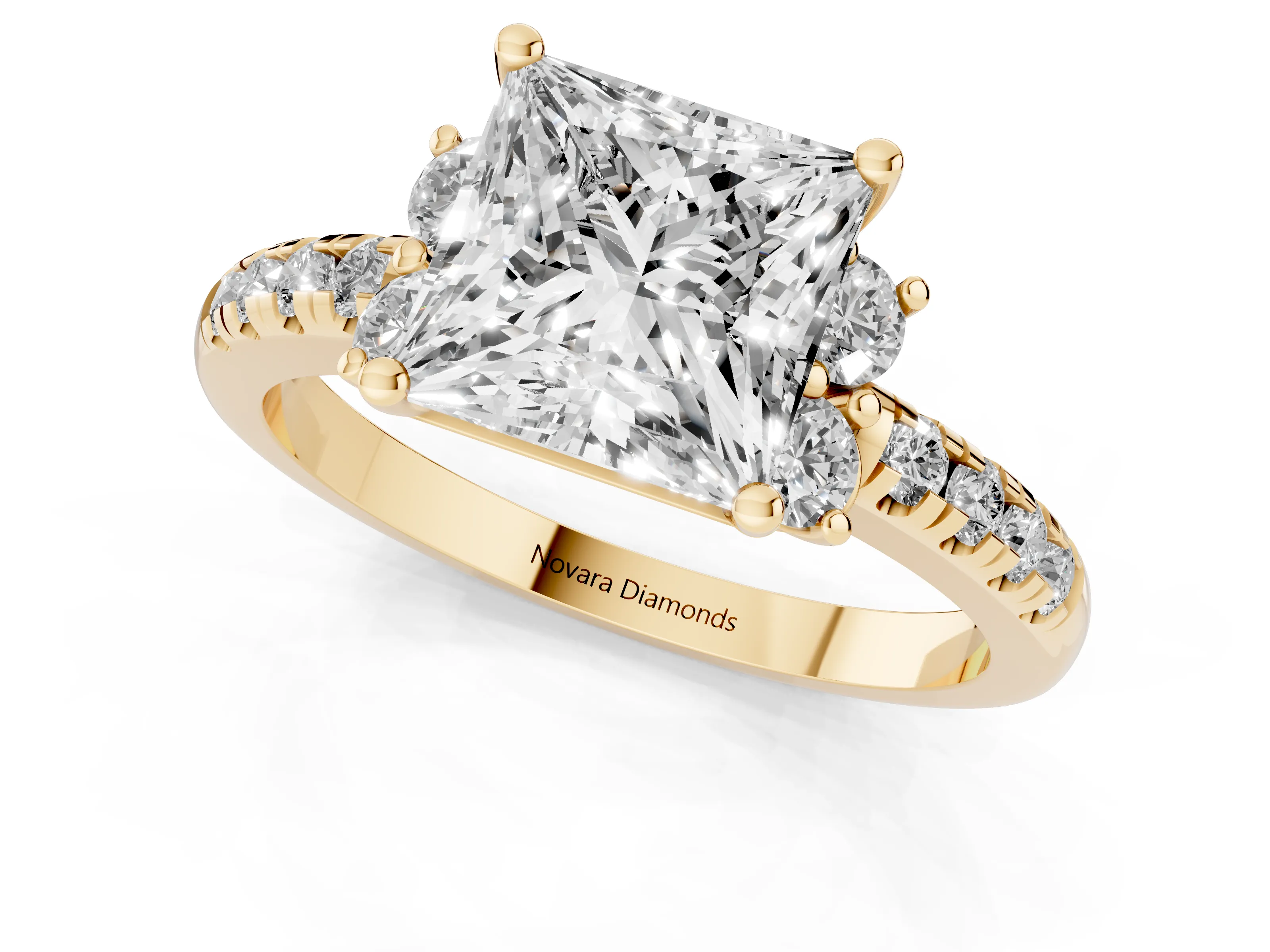 Princess Cut Diamond Three-Stone Pavé Ring Set in Yellow gold with Prong Setting